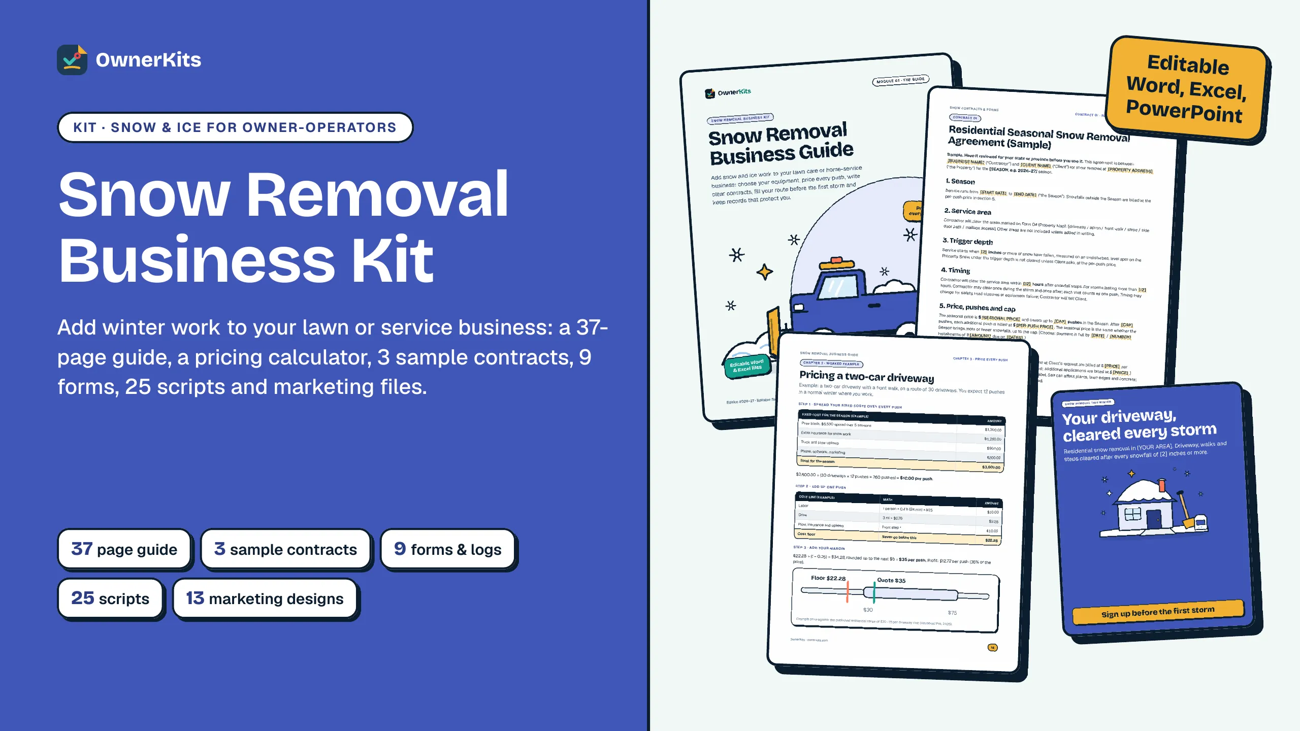 Snow Removal Business Kit cover: guide, sample contract, pricing page and flyer