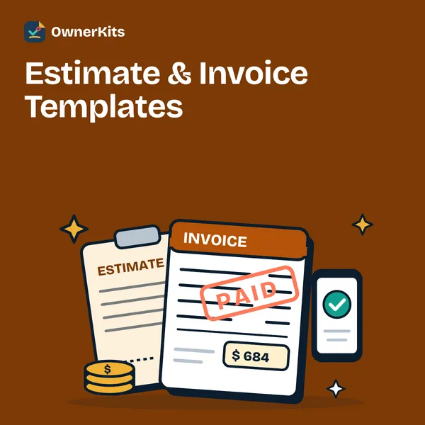 Estimate & Invoice Templates thumbnail with an estimate, an invoice marked paid and a phone illustration