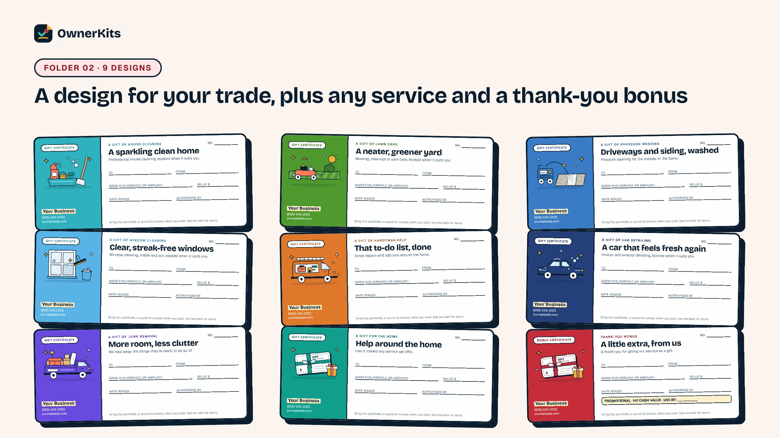 All 9 gift certificate designs: cleaning, lawn care, pressure washing, windows, handyman, car detailing, junk removal, any home service and a thank-you bonus