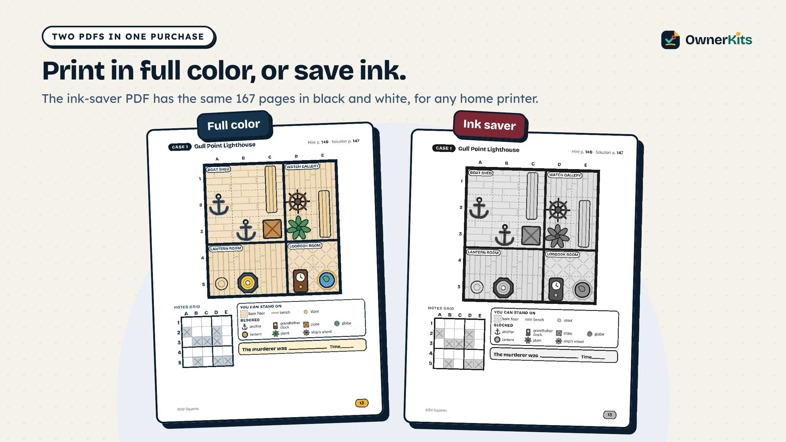 The same floor plan in full color and in the black-and-white ink saver