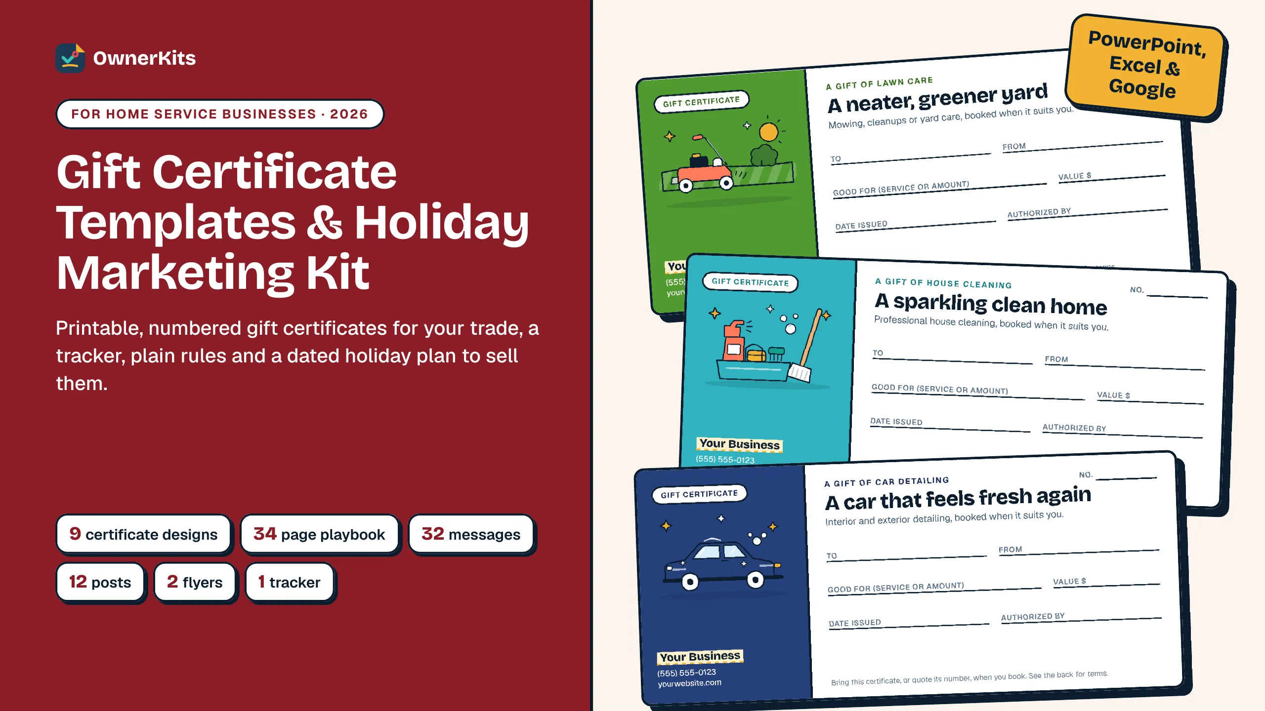 Gift Certificate Templates & Holiday Marketing Kit cover: lawn care, house cleaning and car detailing gift certificate designs