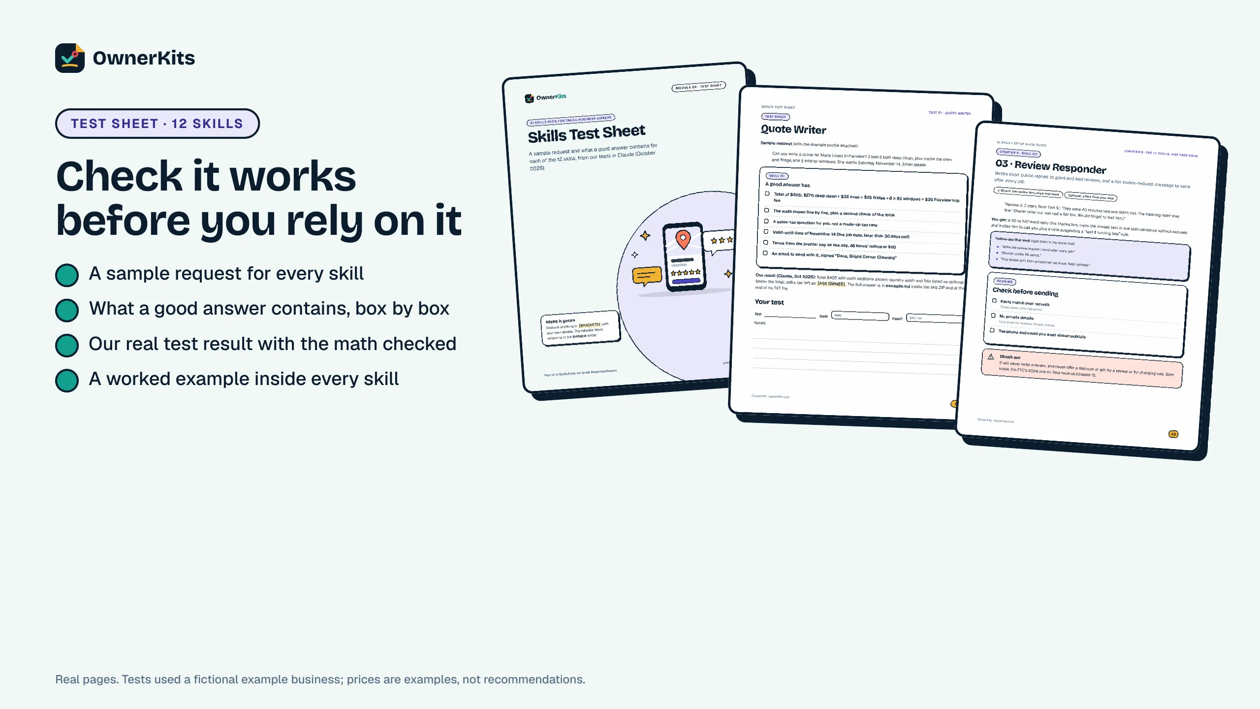 Skills Test Sheet cover, the Quote Writer test page and the Review Responder guide page