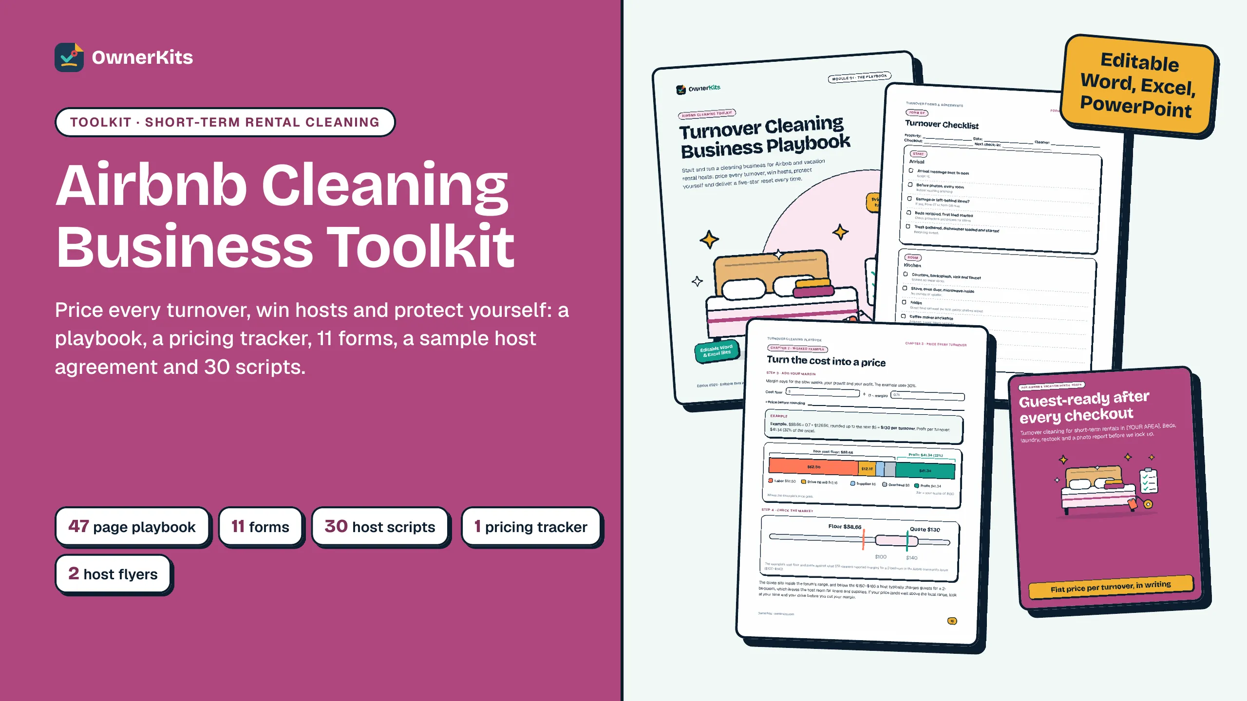 Airbnb Cleaning Business Toolkit cover: playbook, turnover checklist, pricing page and host flyer