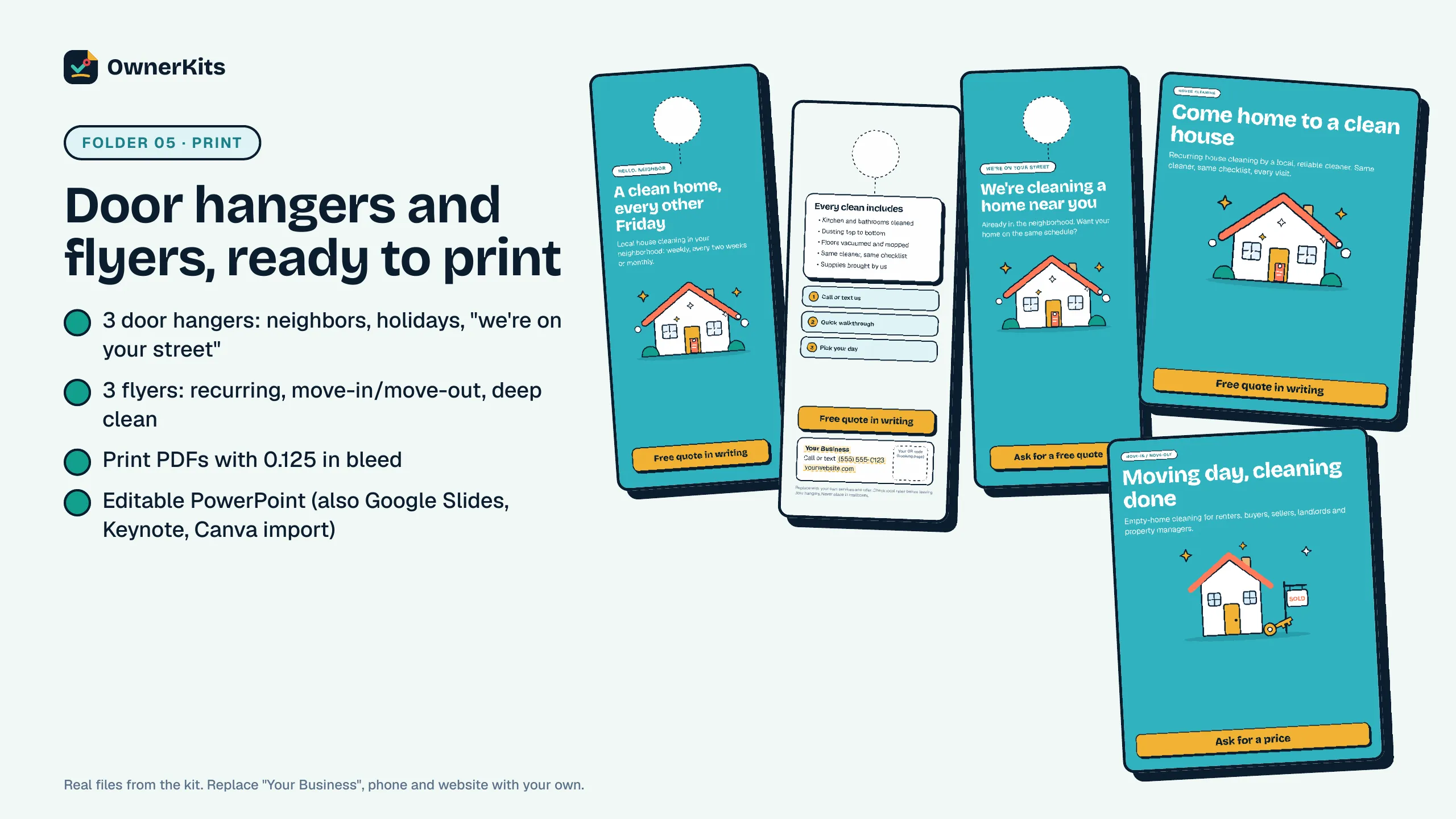 Three cleaning door hangers and two flyers, print-ready, with placeholder business details