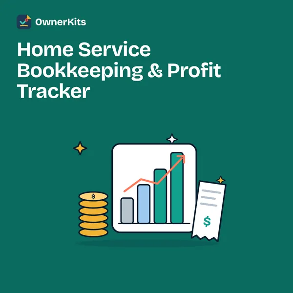 Home Service Bookkeeping & Profit Tracker thumbnail with a chart, coins and a receipt