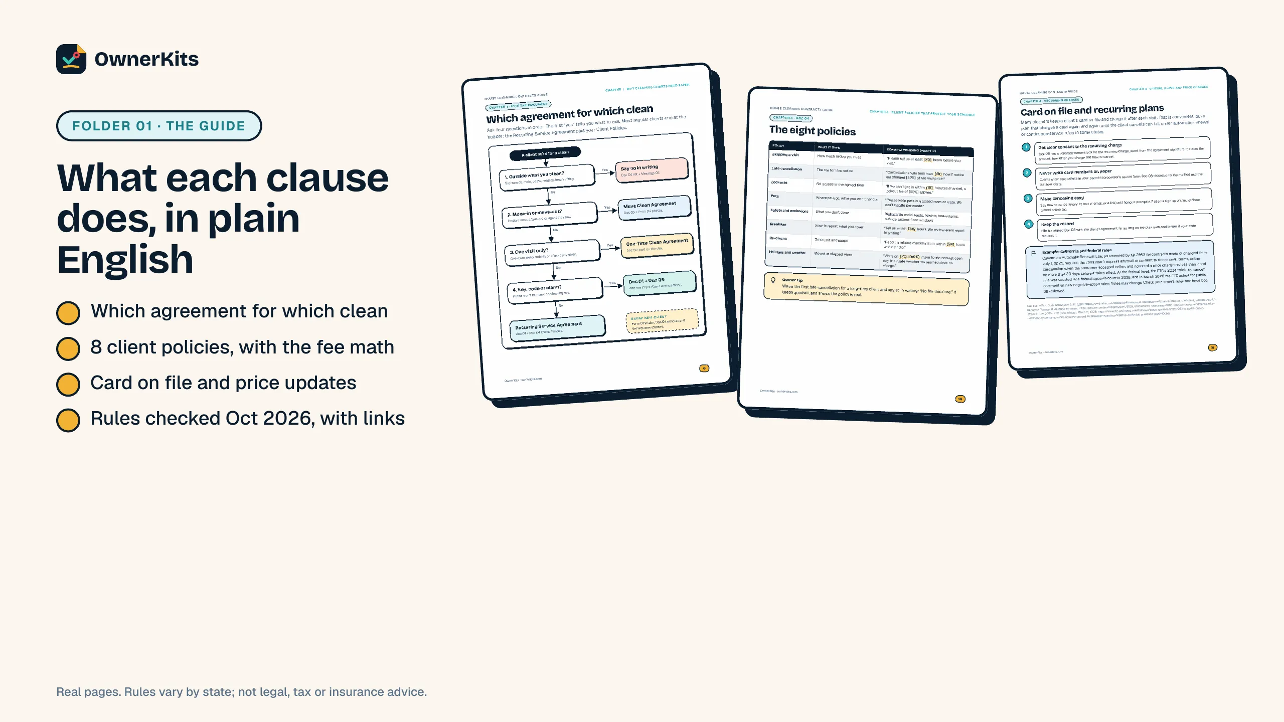 Guide pages explaining which agreement to use, the client policies and card-on-file and price update rules
