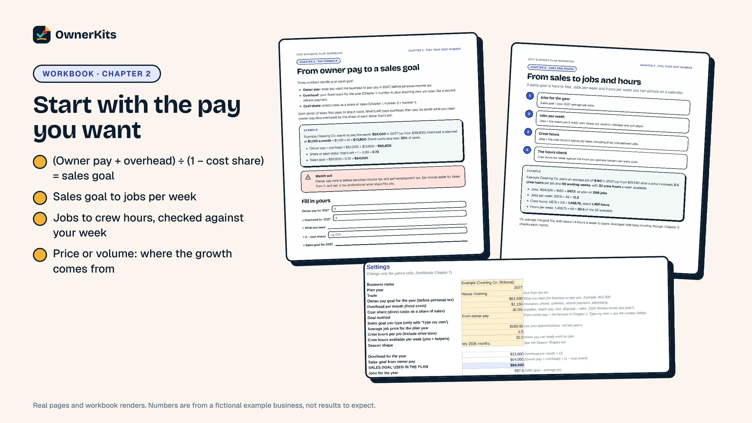 Workbook chapter 2 pages and the Settings tab: owner pay to sales goal, jobs and crew hours