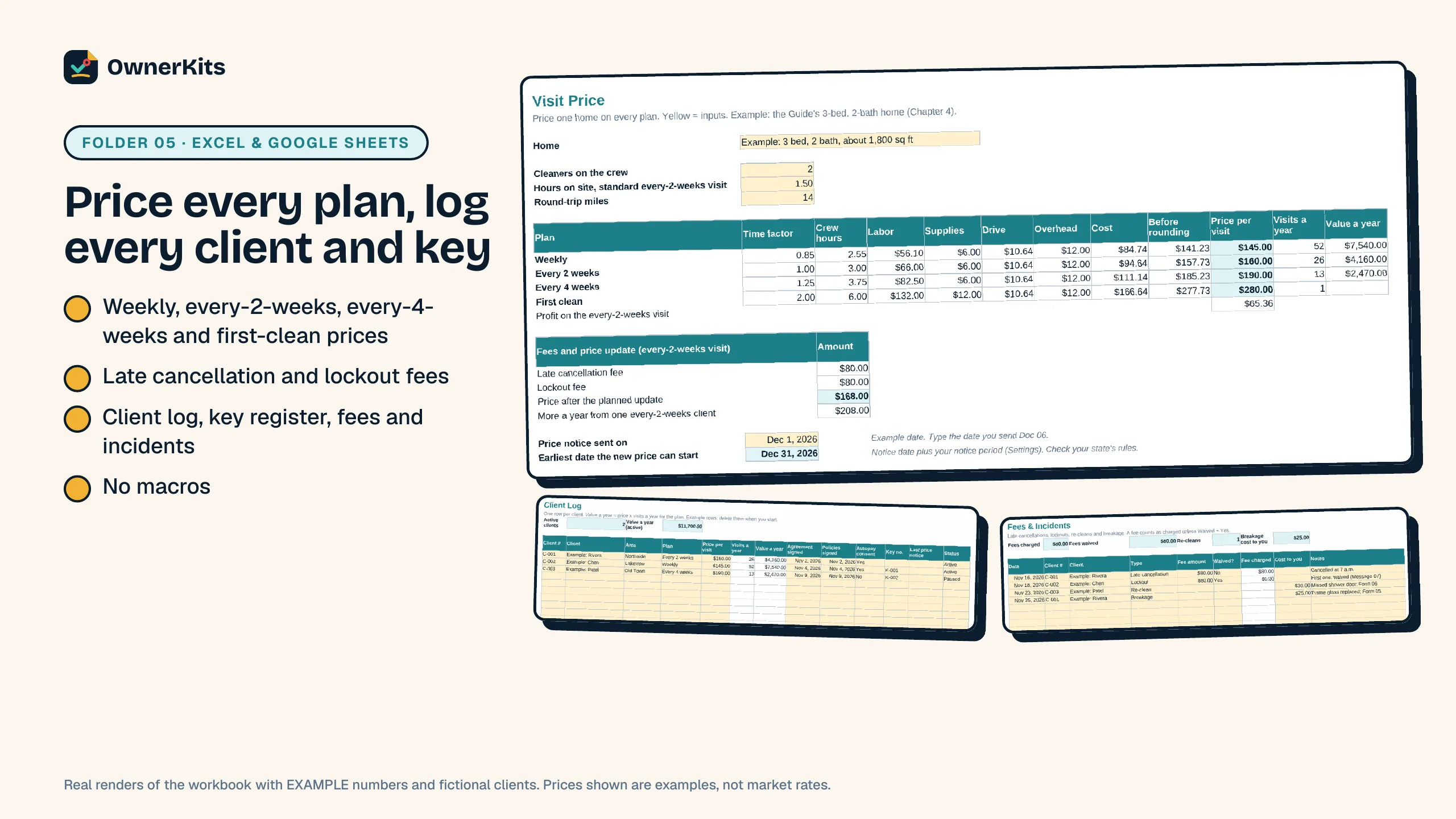 Client Tracker workbook pricing weekly, every-2-weeks and every-4-weeks plans with example numbers, plus client and key logs