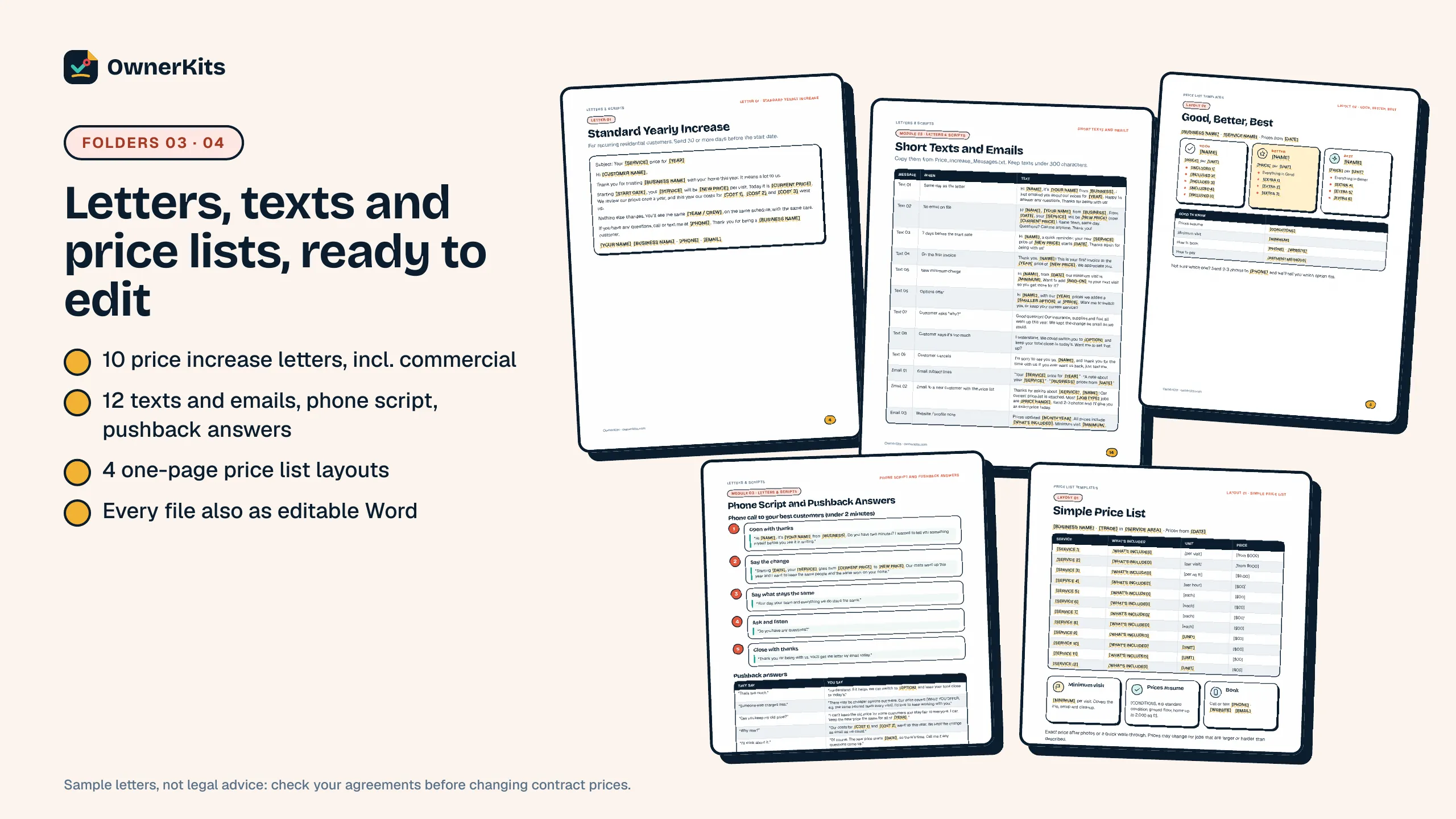 Price increase letters, texts, phone script and price list templates