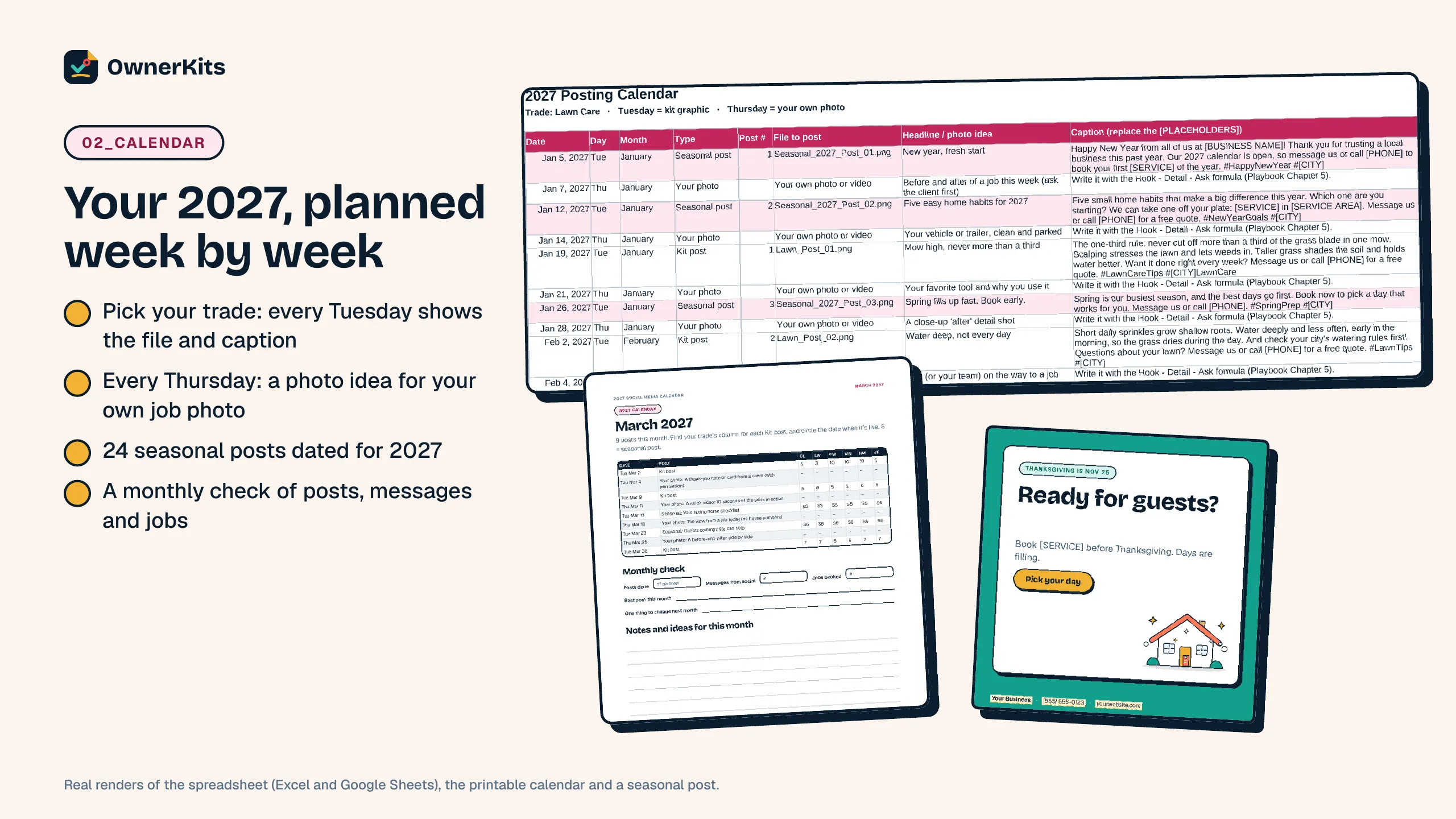 2027 Social Media Calendar spreadsheet, a printable month page and a Thanksgiving seasonal post