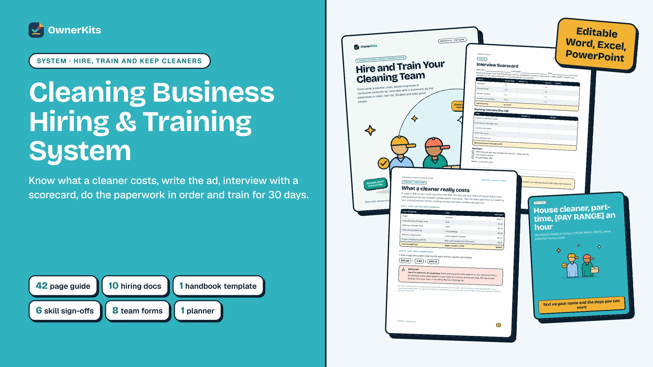 Cleaning Business Hiring & Training System cover: the guide, interview scorecard, true-cost page and Now Hiring flyer