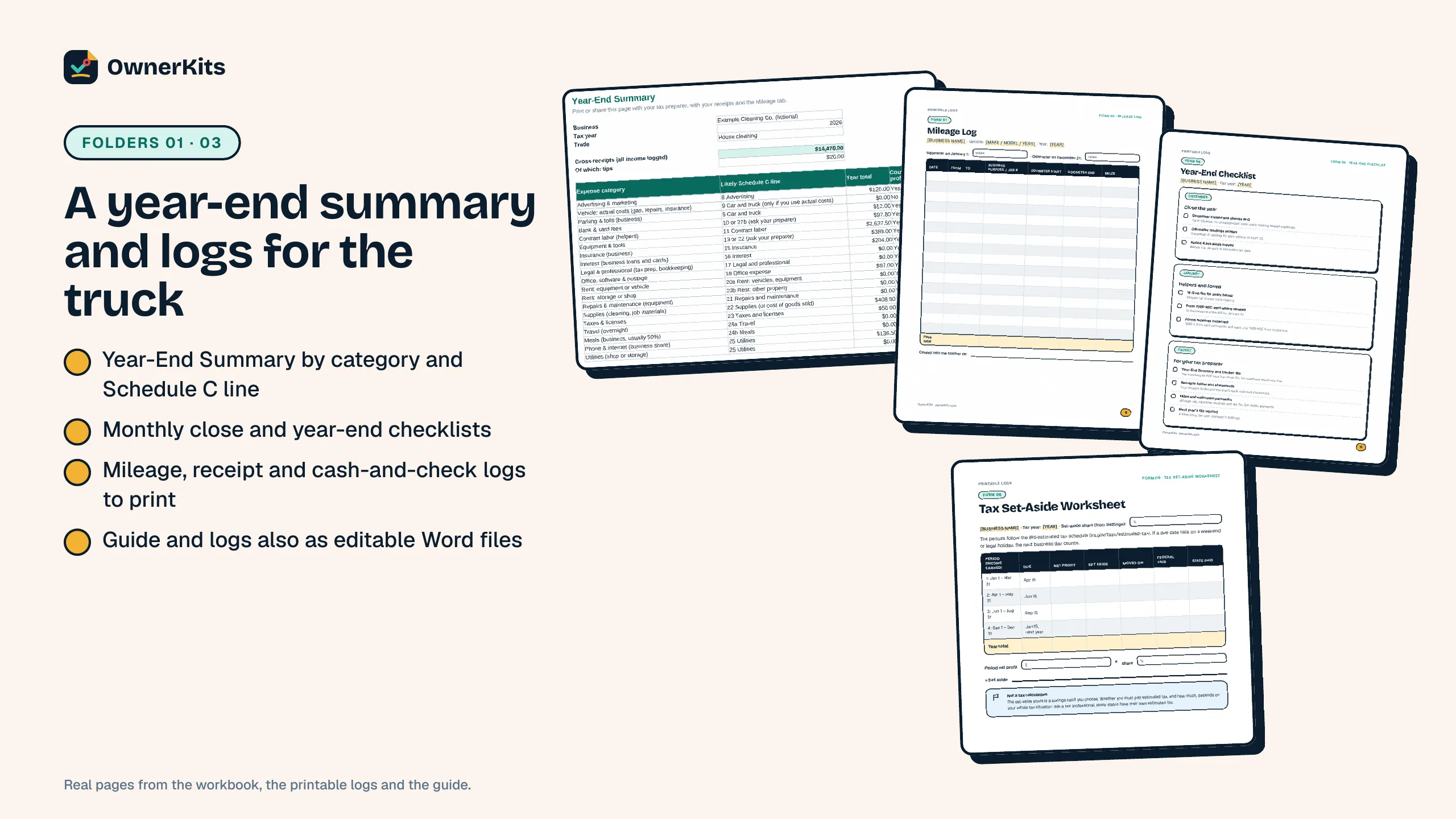 Year-End Summary tab and printable mileage, year-end and tax set-aside logs