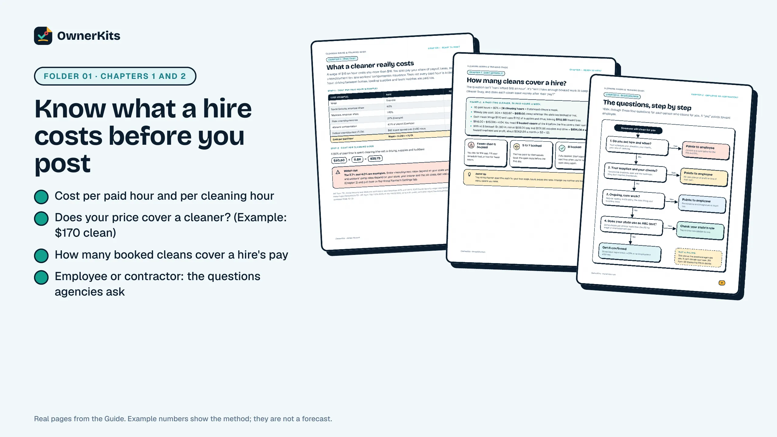 Guide pages: what a cleaner really costs, how many cleans cover a hire, and the employee-or-contractor questions
