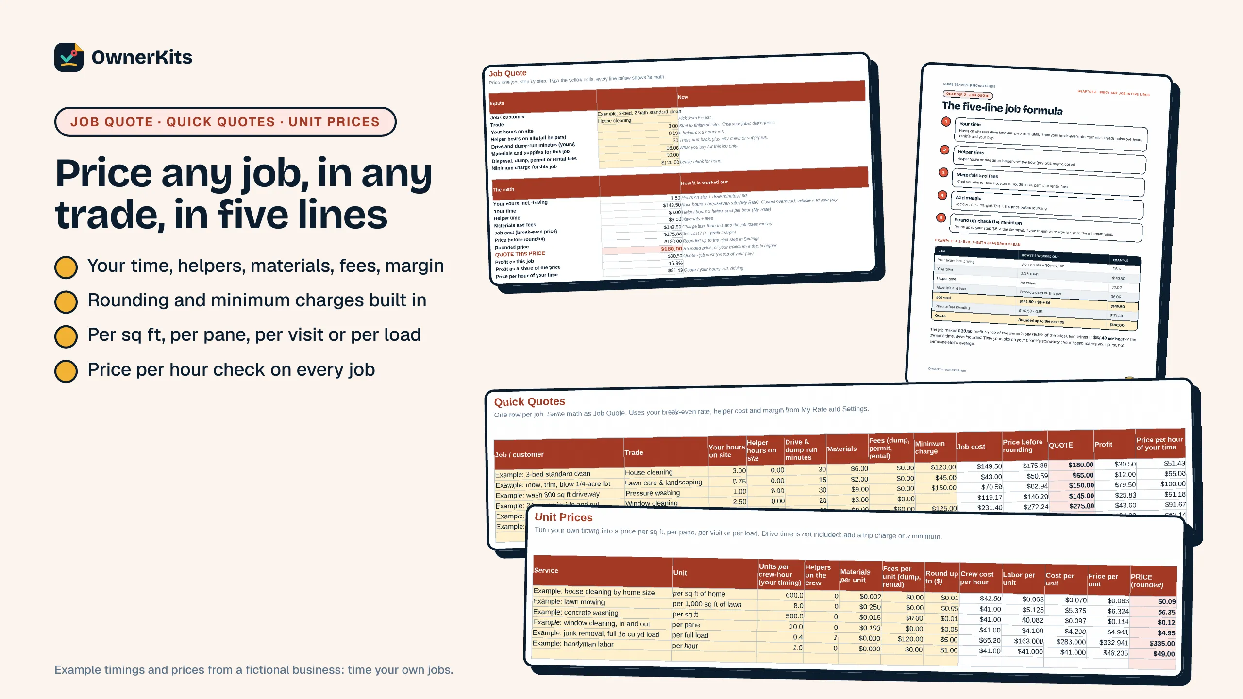 Job Quote, Quick Quotes and Unit Prices tabs pricing example jobs in six trades