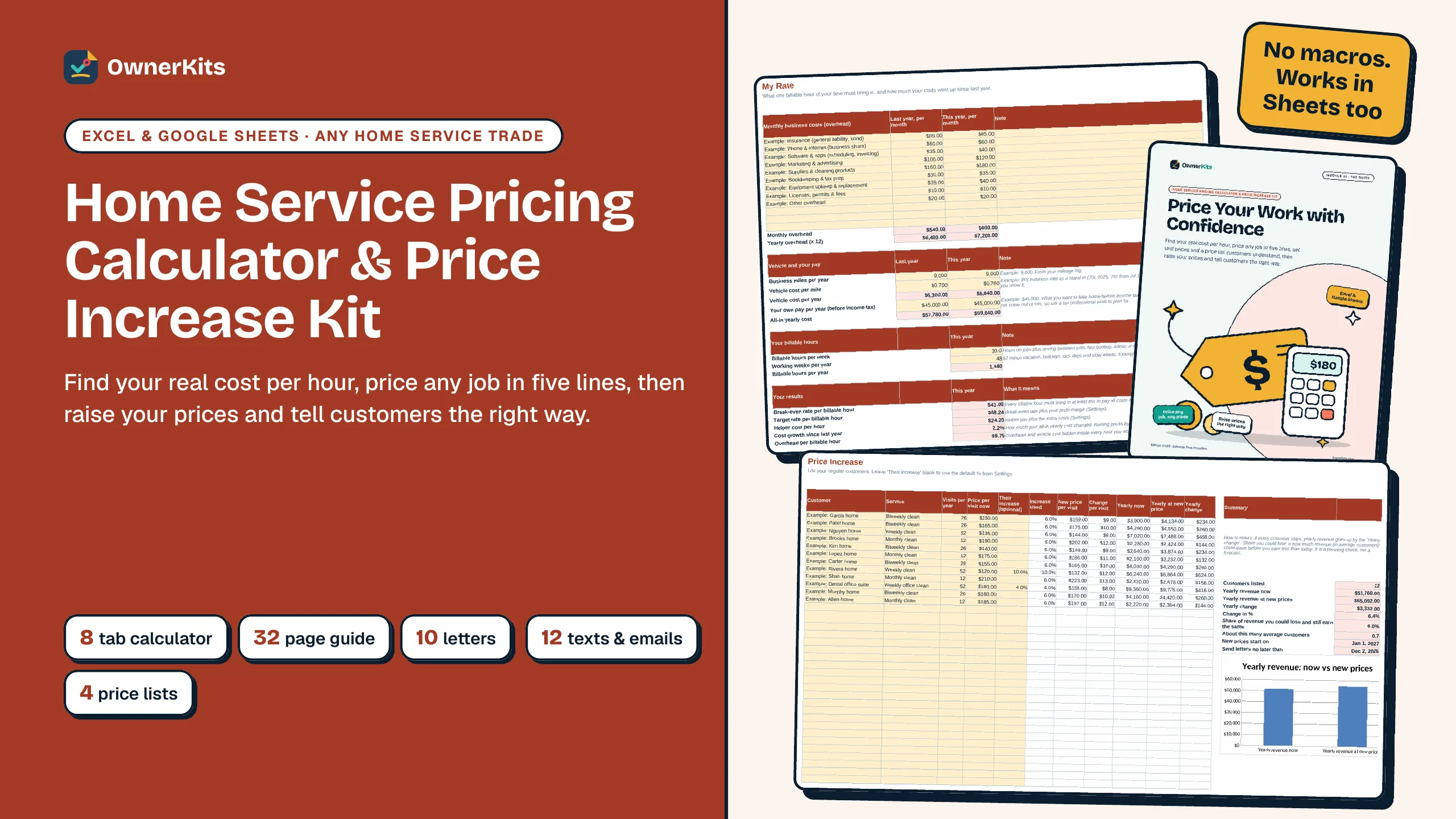 Home Service Pricing Calculator & Price Increase Kit cover: the My Rate tab, the guide cover and the Price Increase tab