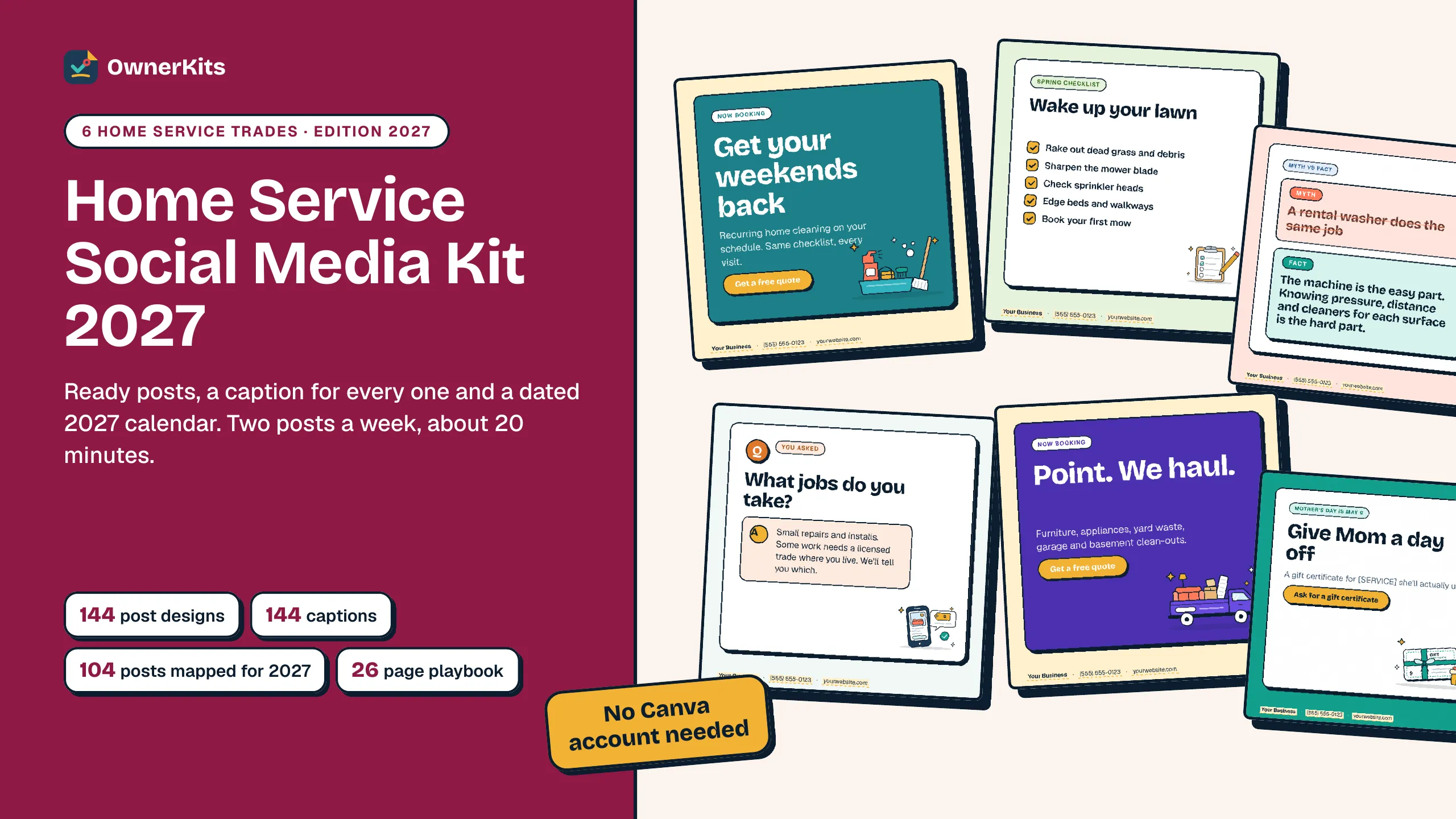 Home Service Social Media Kit 2027 cover with real post designs for cleaning, lawn care, pressure washing, handyman and junk removal