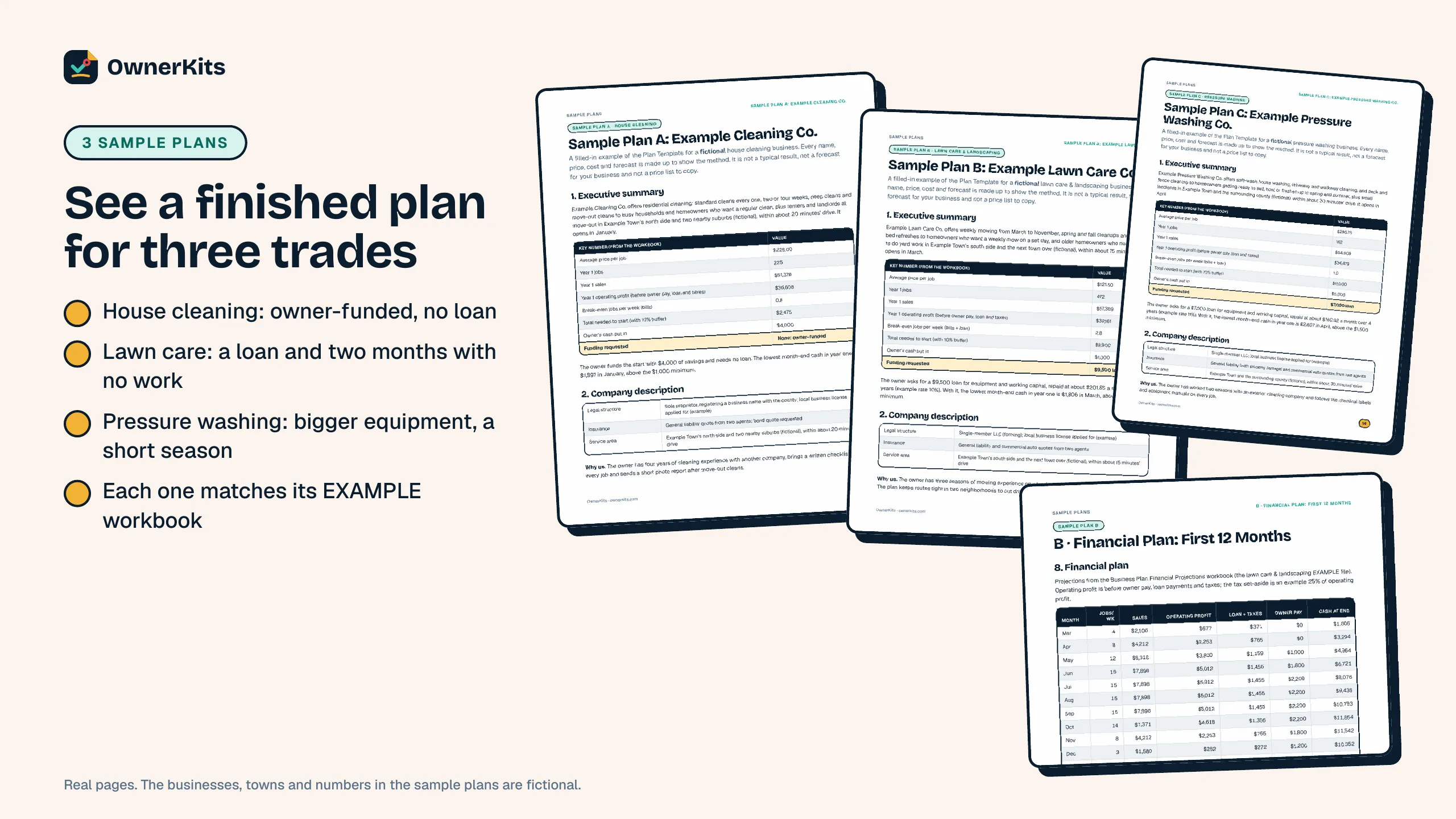 Three sample business plans for fictional house cleaning, lawn care and pressure washing businesses