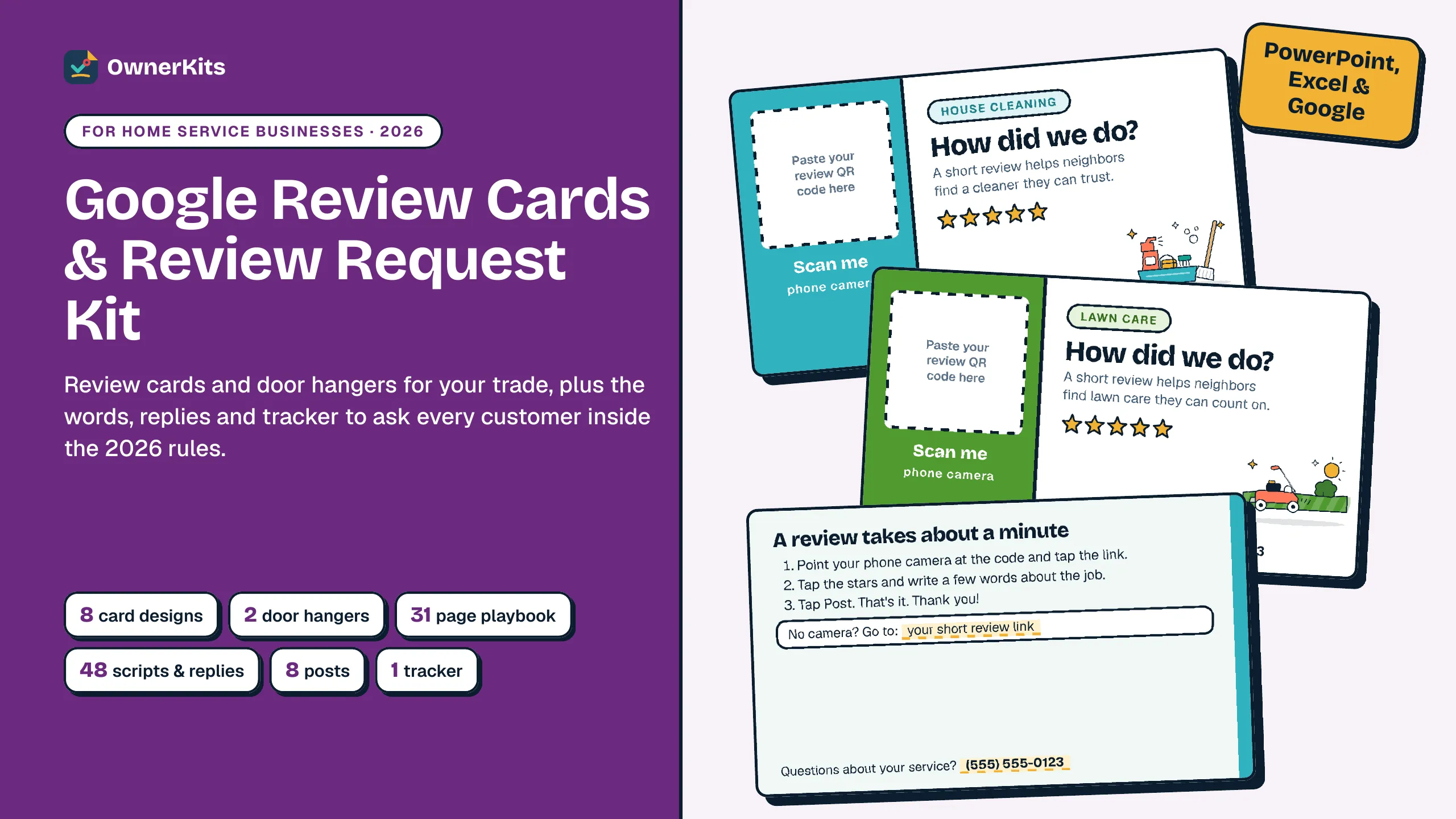 Google Review Cards & Review Request Kit cover: house cleaning and lawn care review cards with a QR code box and the card back