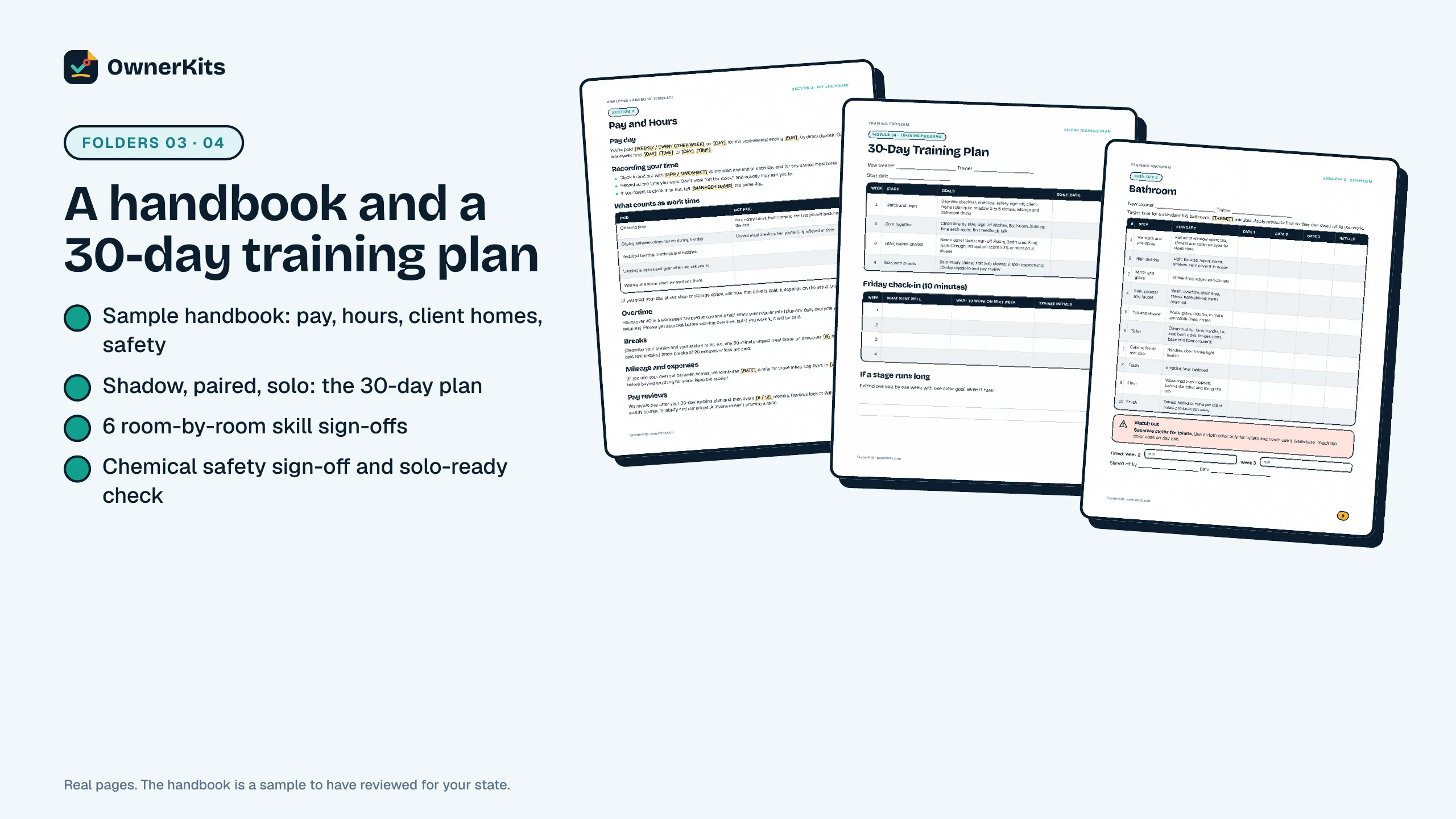 Employee handbook pay page, the 30-day training plan and the bathroom skill sign-off
