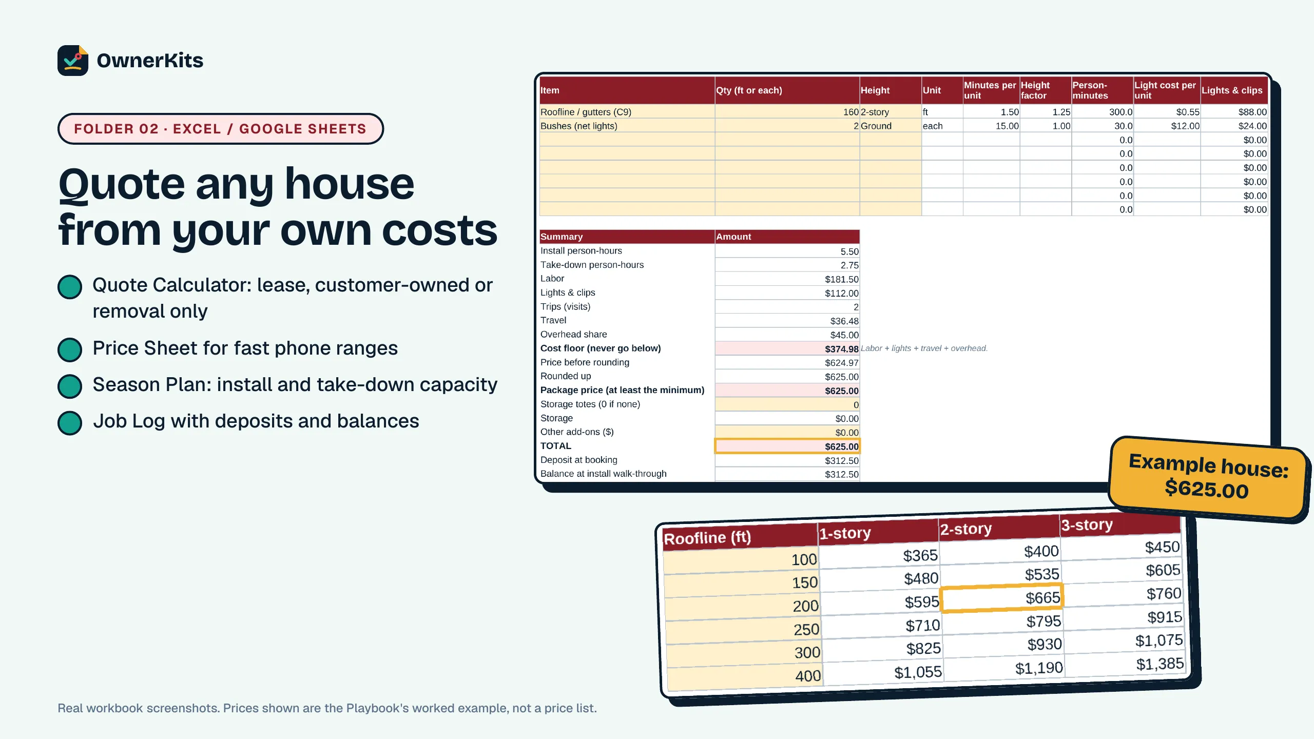 Pricing Calculator: Quote Calculator with the example house priced at $625.00 and the roofline Price Sheet