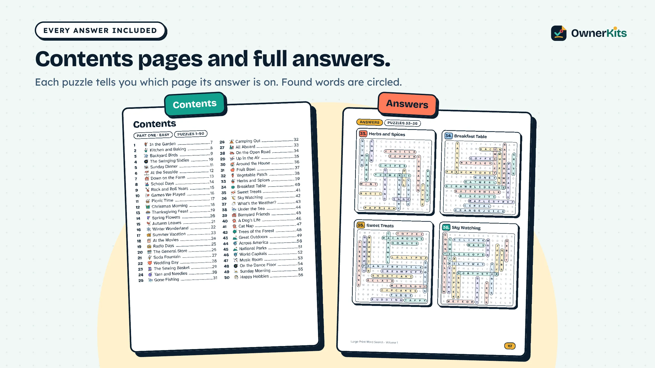 Contents page and an answers page with the found words circled