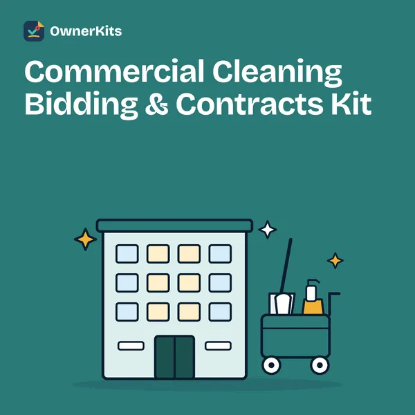 Commercial Cleaning Bidding & Contracts Kit thumbnail with an office building and cleaning cart