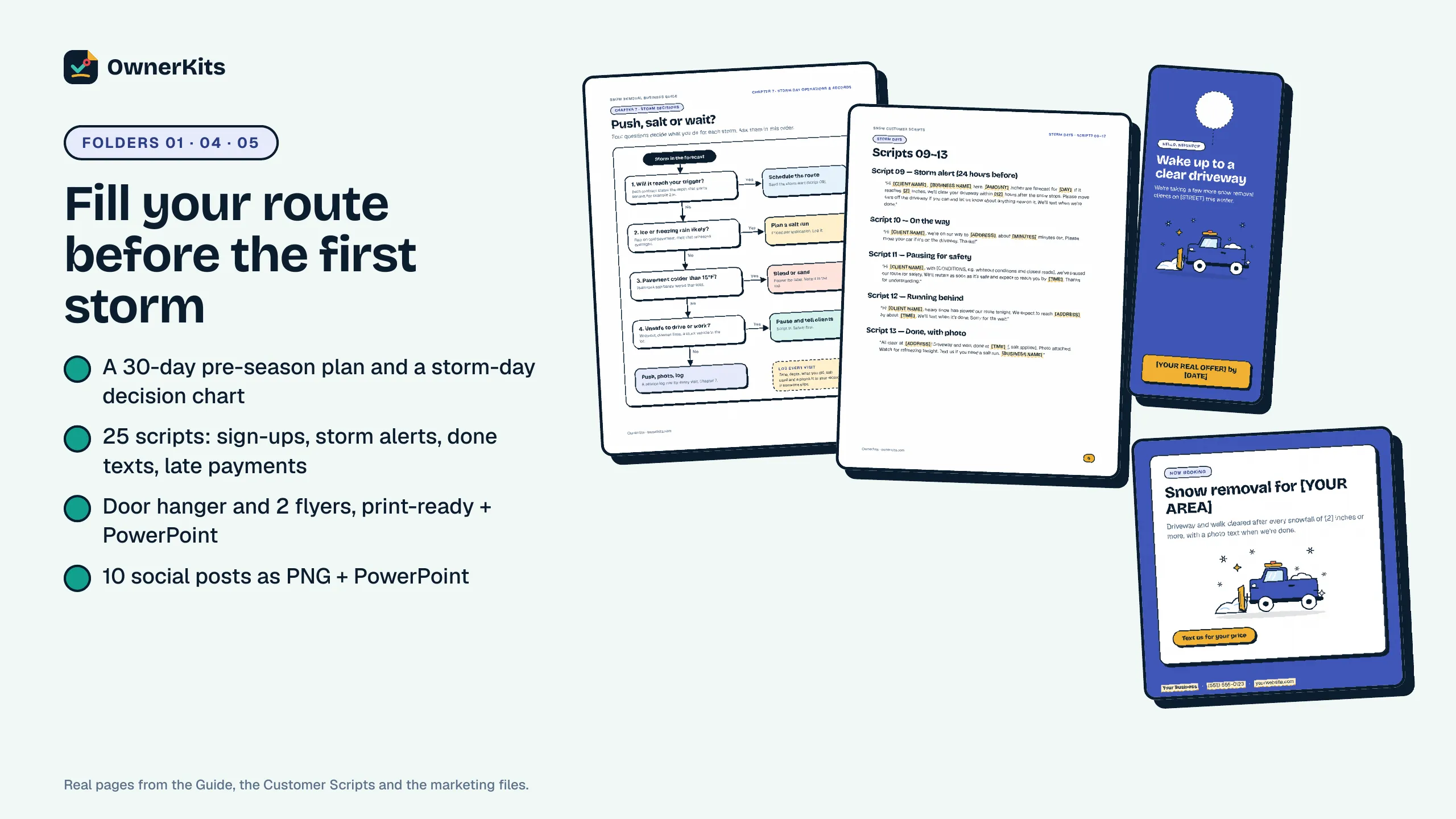 Storm decision chart, customer scripts page, door hanger and social post