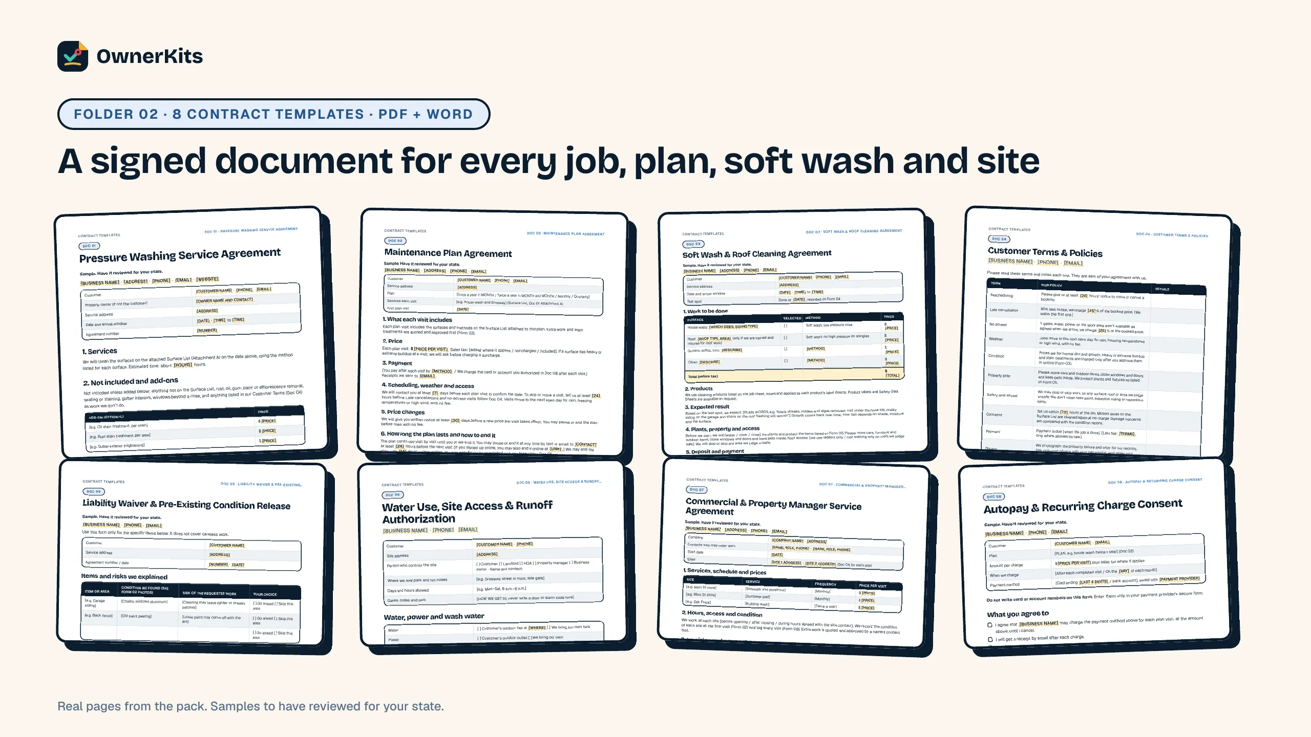 The 8 pressure washing contract templates: service, plan, soft wash and roof, customer terms, waiver, water and site access, commercial and autopay