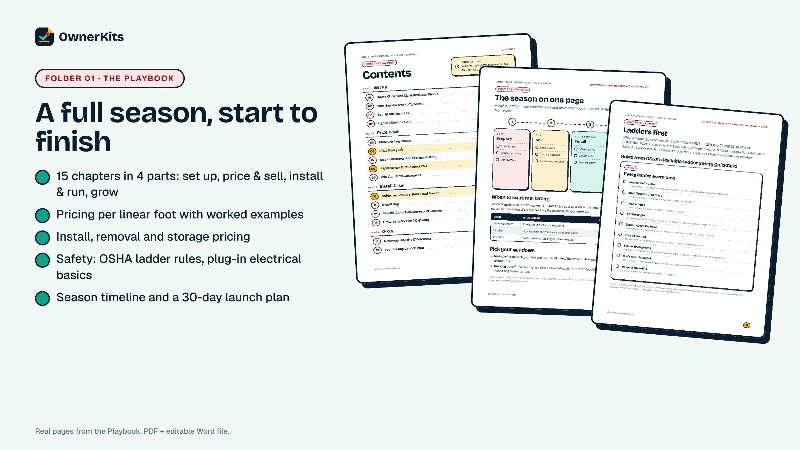 Playbook pages: contents, season timeline and OSHA ladder rules