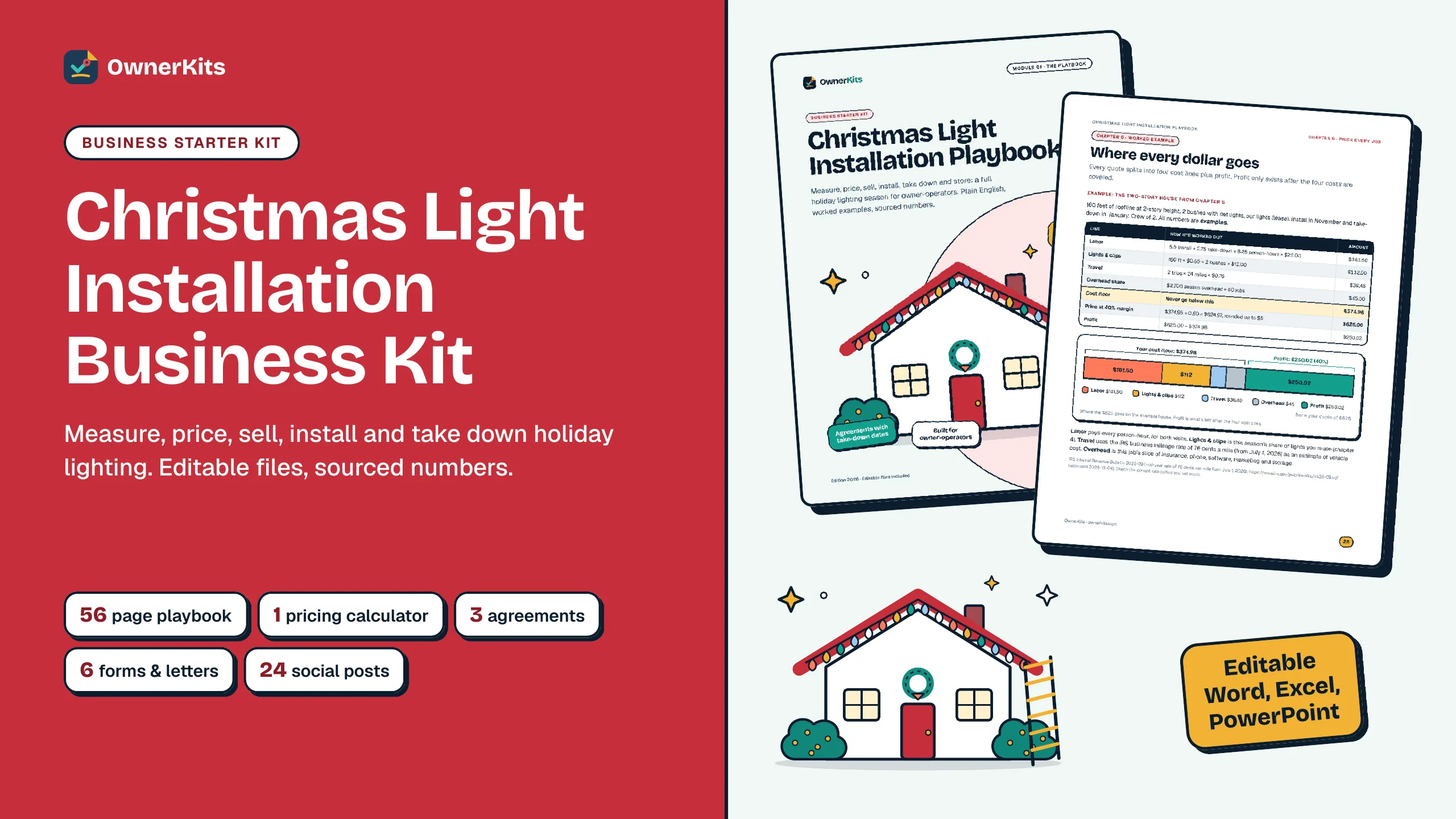 Christmas Light Installation Business Kit cover with the Playbook cover and the worked pricing example page