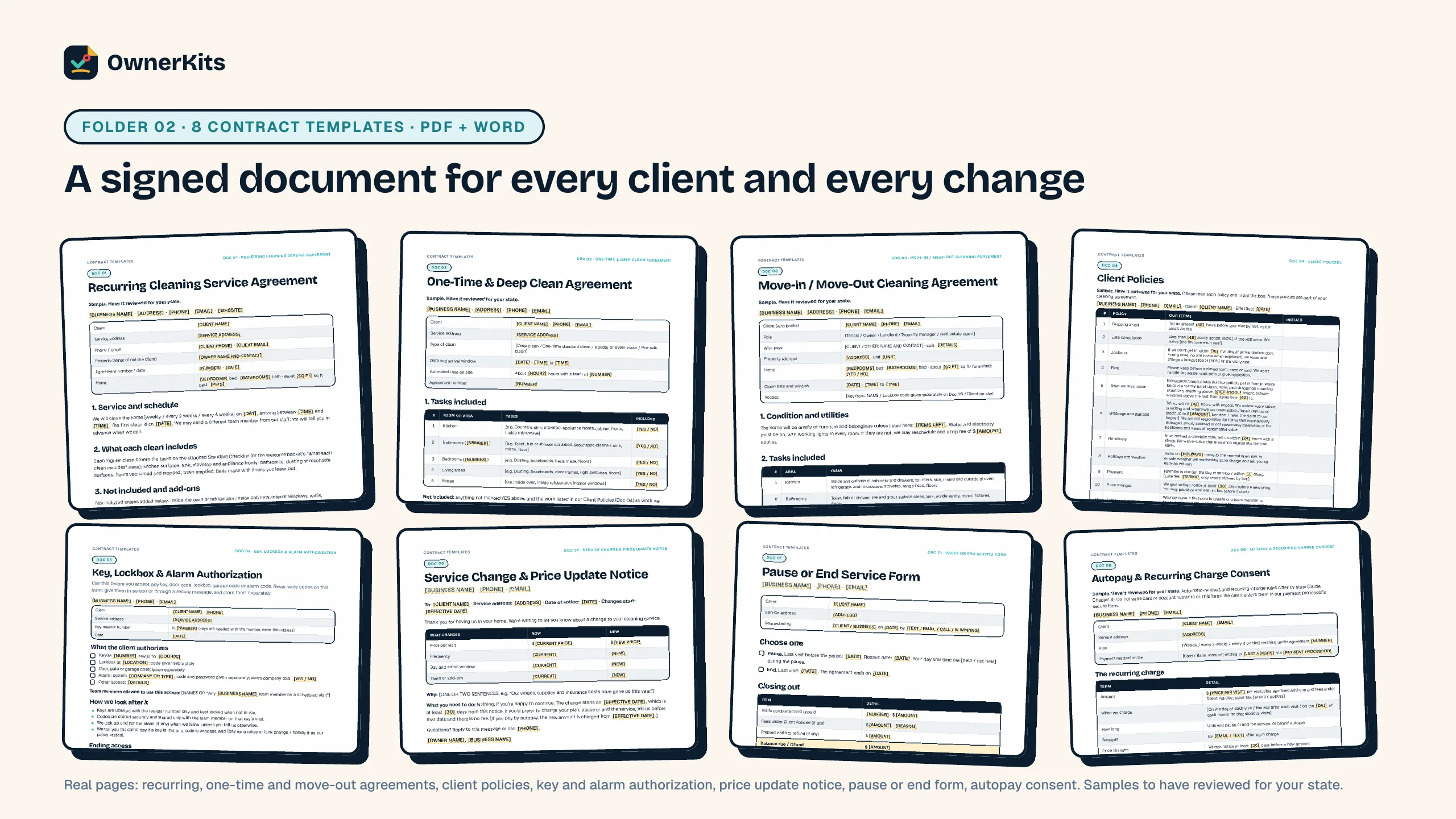 The 8 house cleaning contract templates: recurring, one-time and move-out agreements, client policies, key authorization, price update, pause and autopay forms