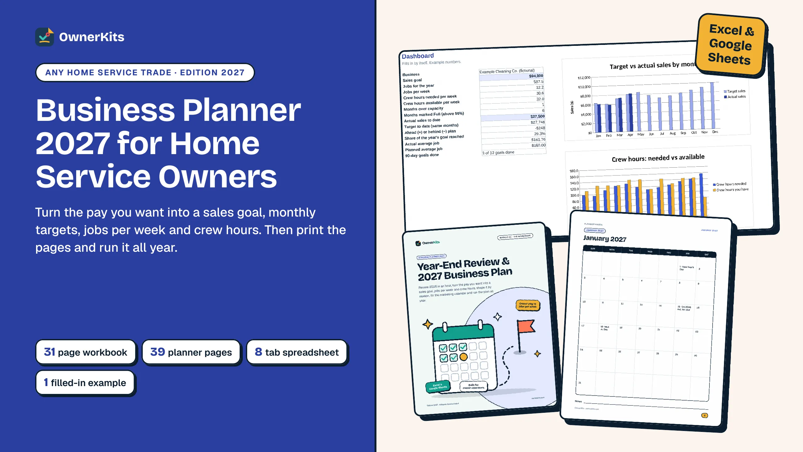 Business Planner 2027 for Home Service Owners: workbook, dashboard and January planner page