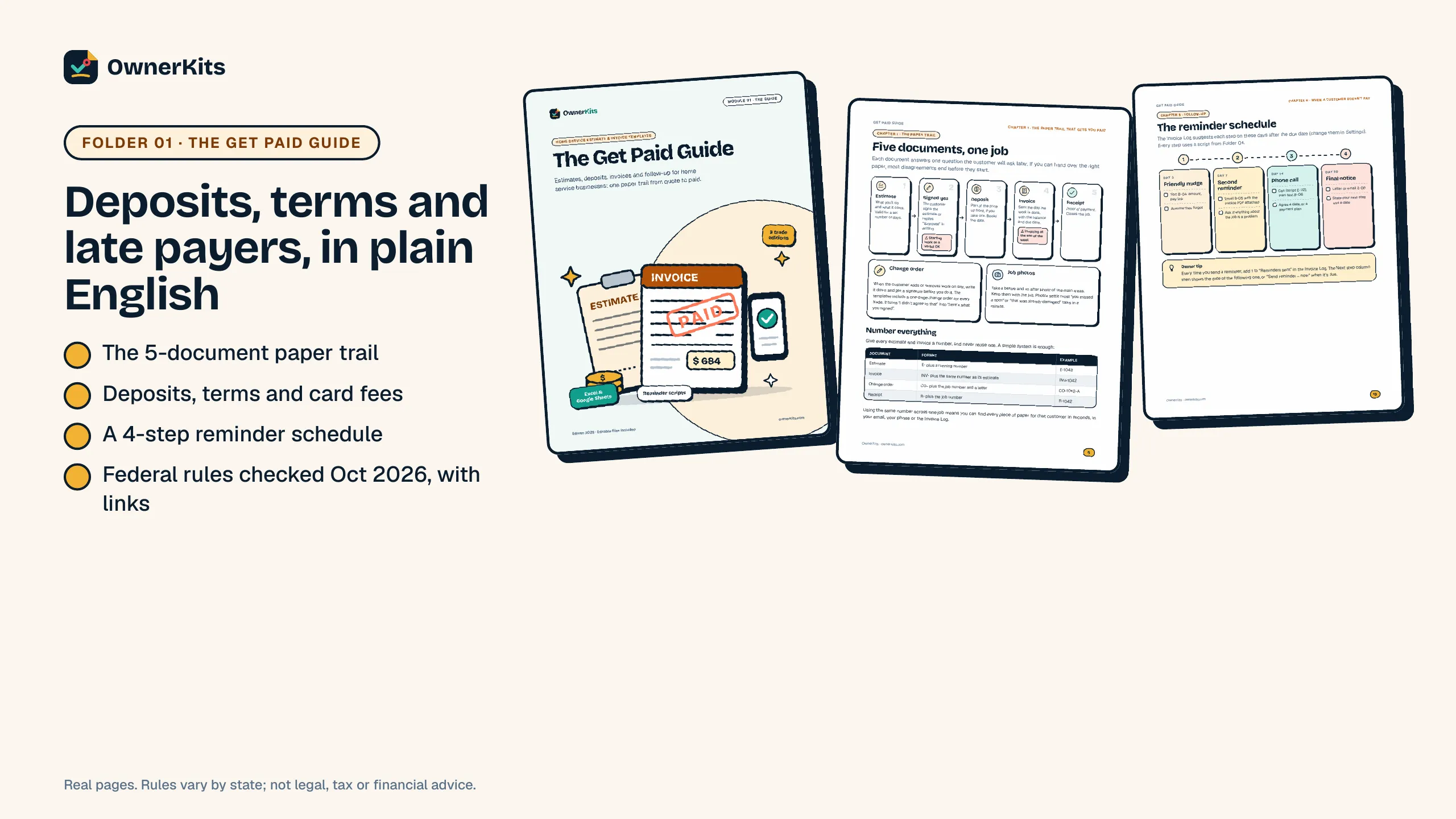 Get Paid Guide pages: the cover, the five-document paper trail and the reminder schedule