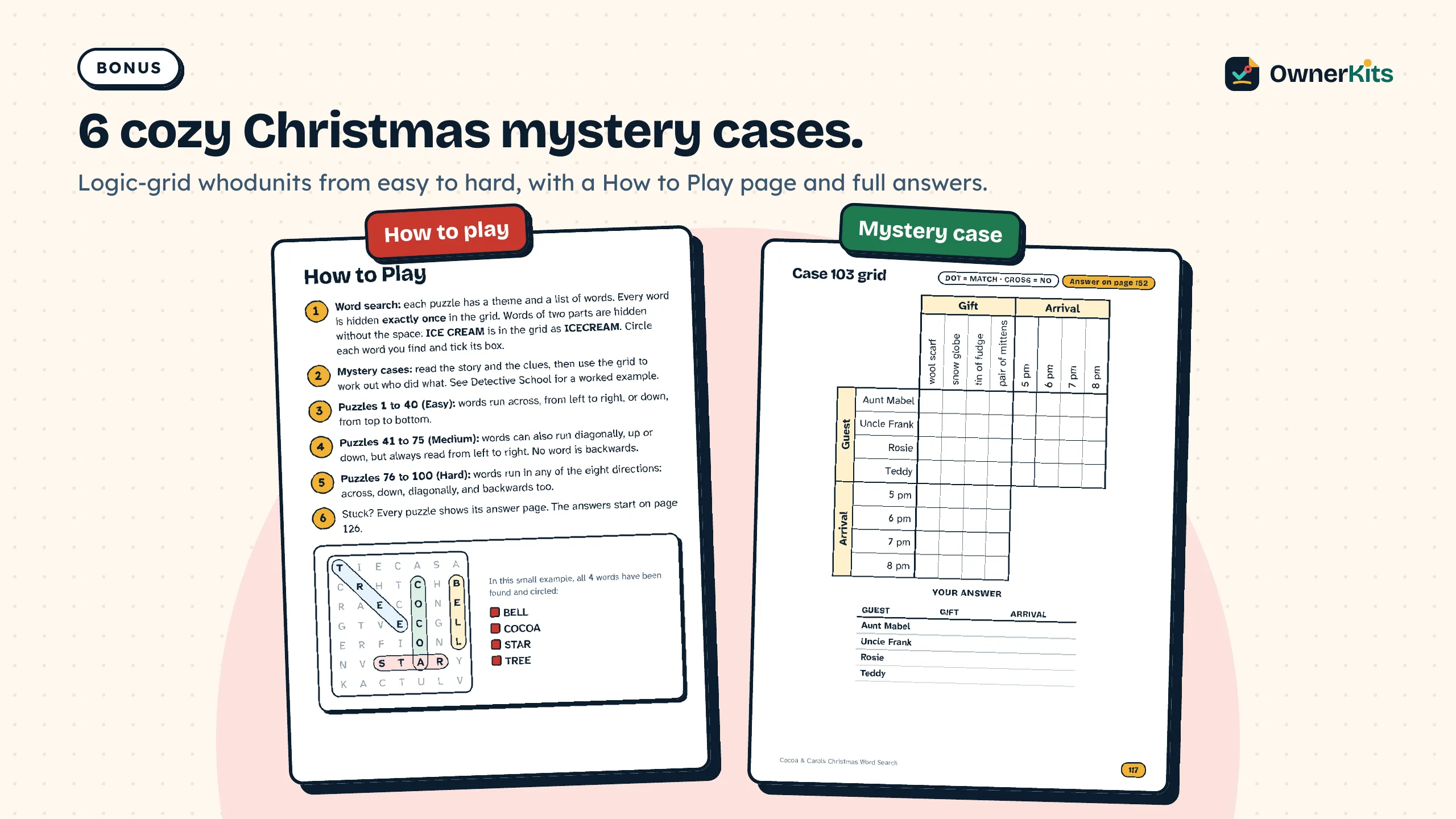The How to Play page and a Christmas mystery case logic grid