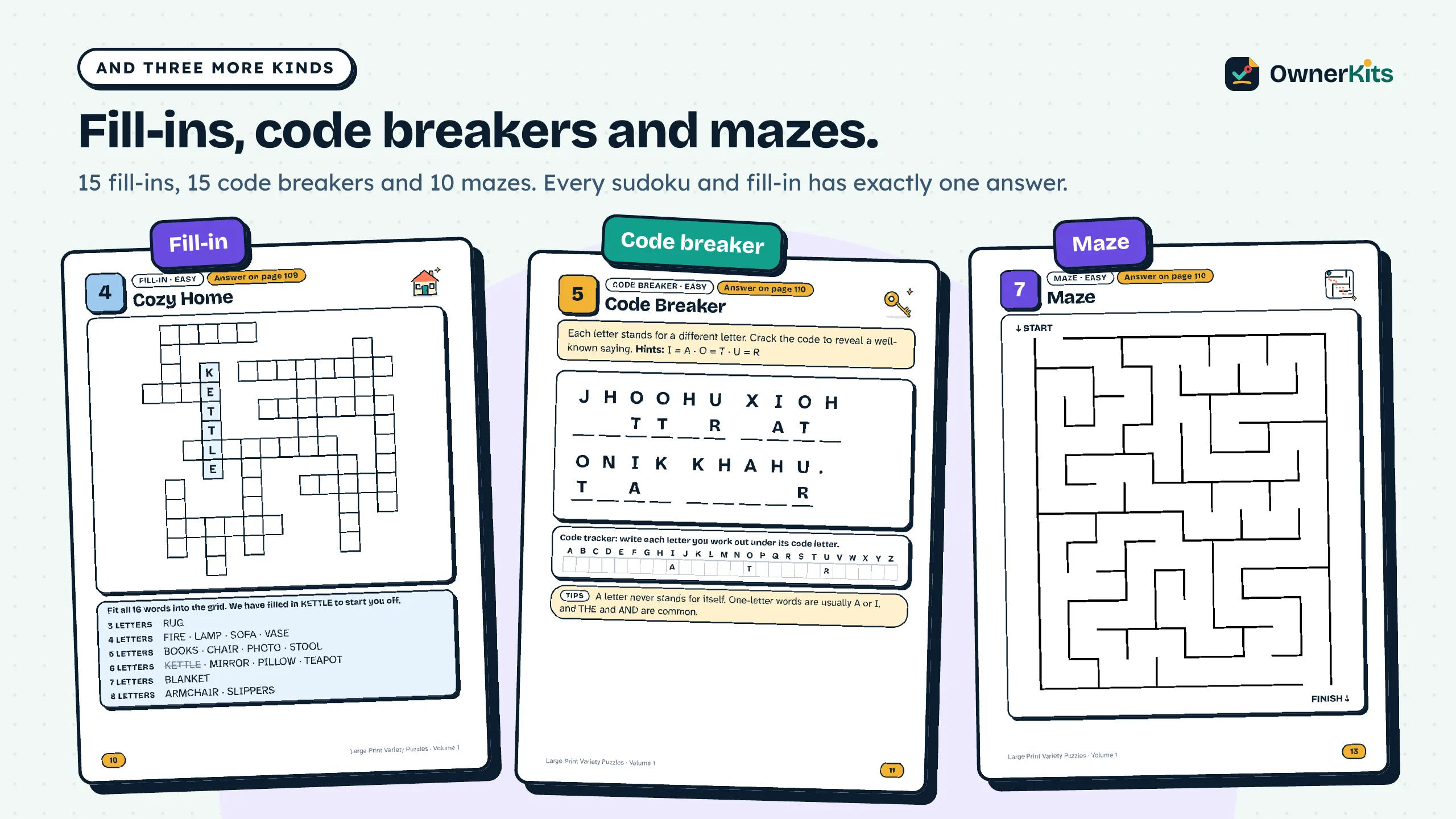 A fill-in, a code breaker and a maze page