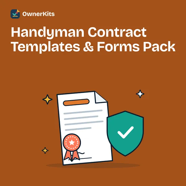 Handyman Contract Templates & Forms Pack thumbnail with a contract and a shield