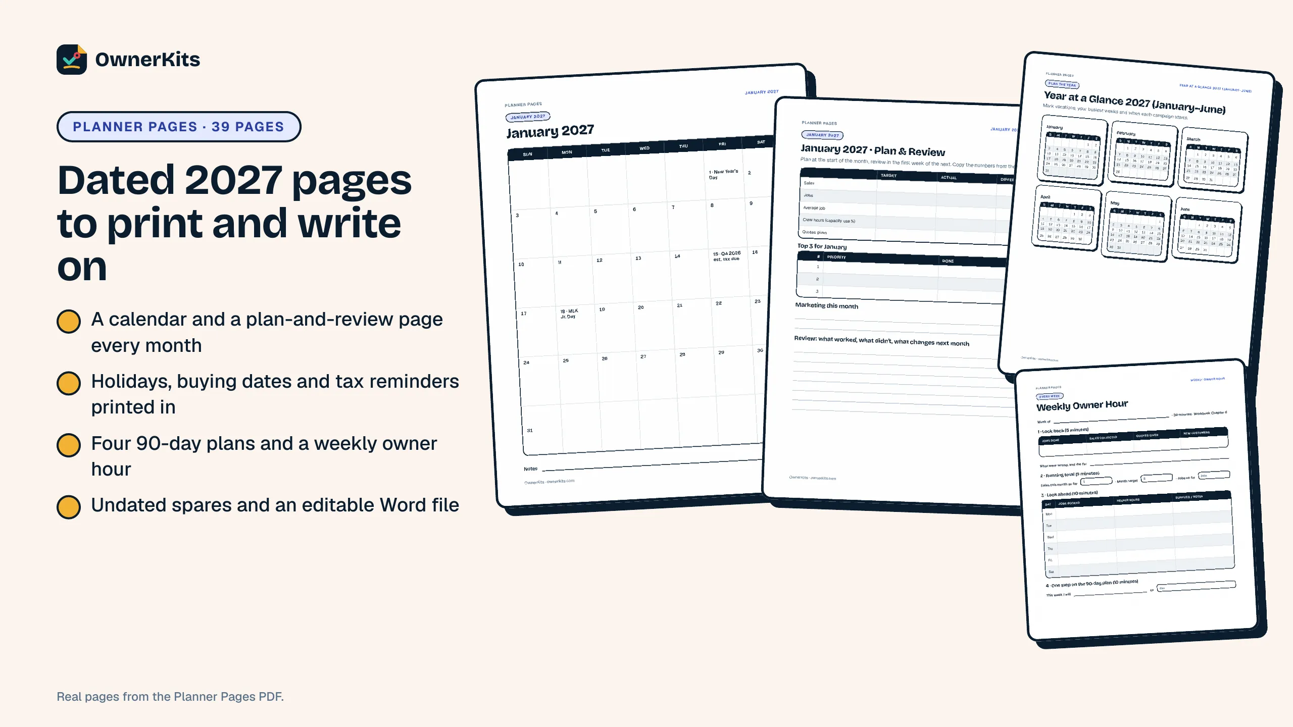 Printable 2027 planner pages: January calendar, plan and review page, year at a glance, weekly owner hour