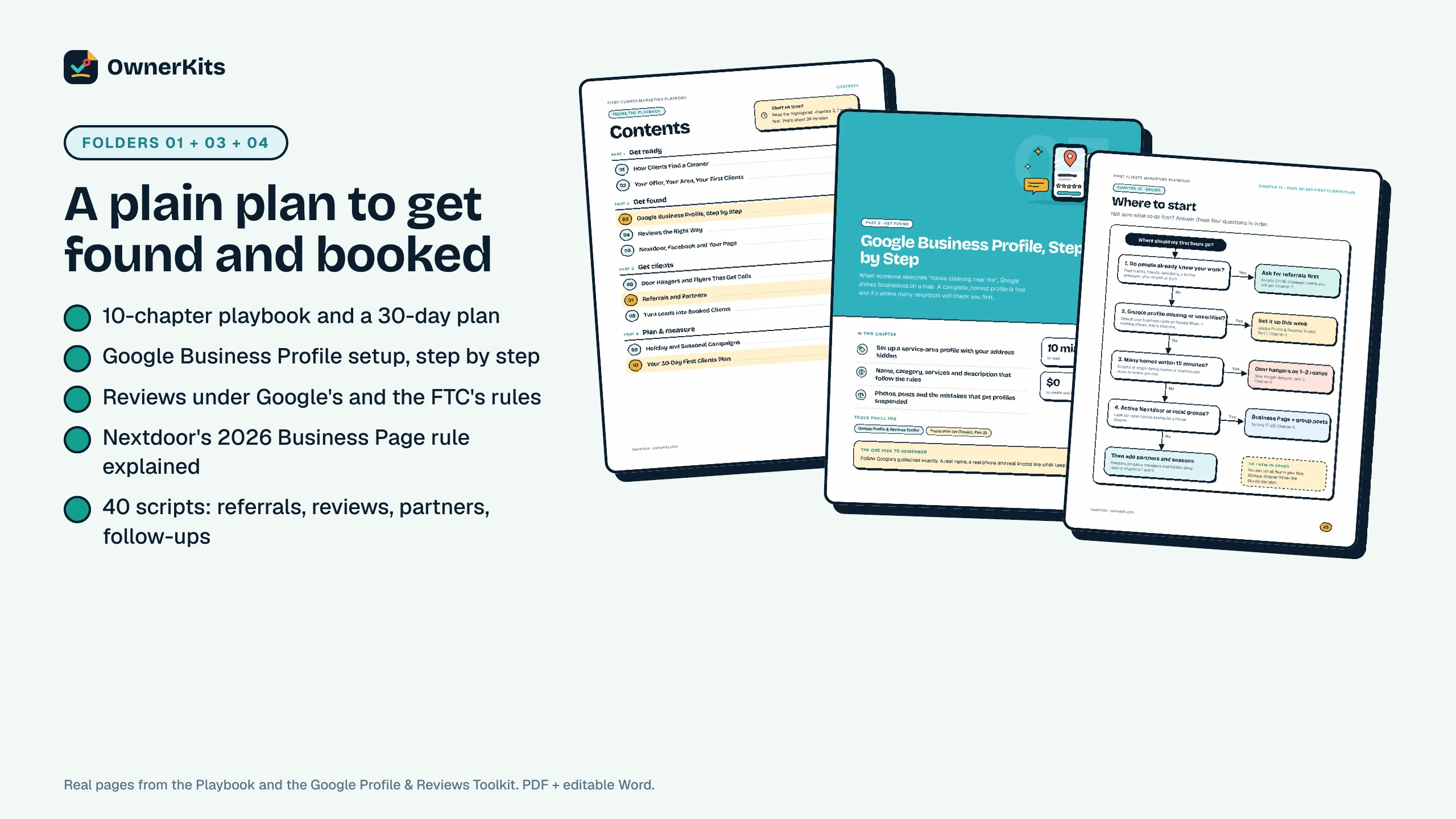 Playbook pages: contents, Google Business Profile chapter and the where-to-start decision chart