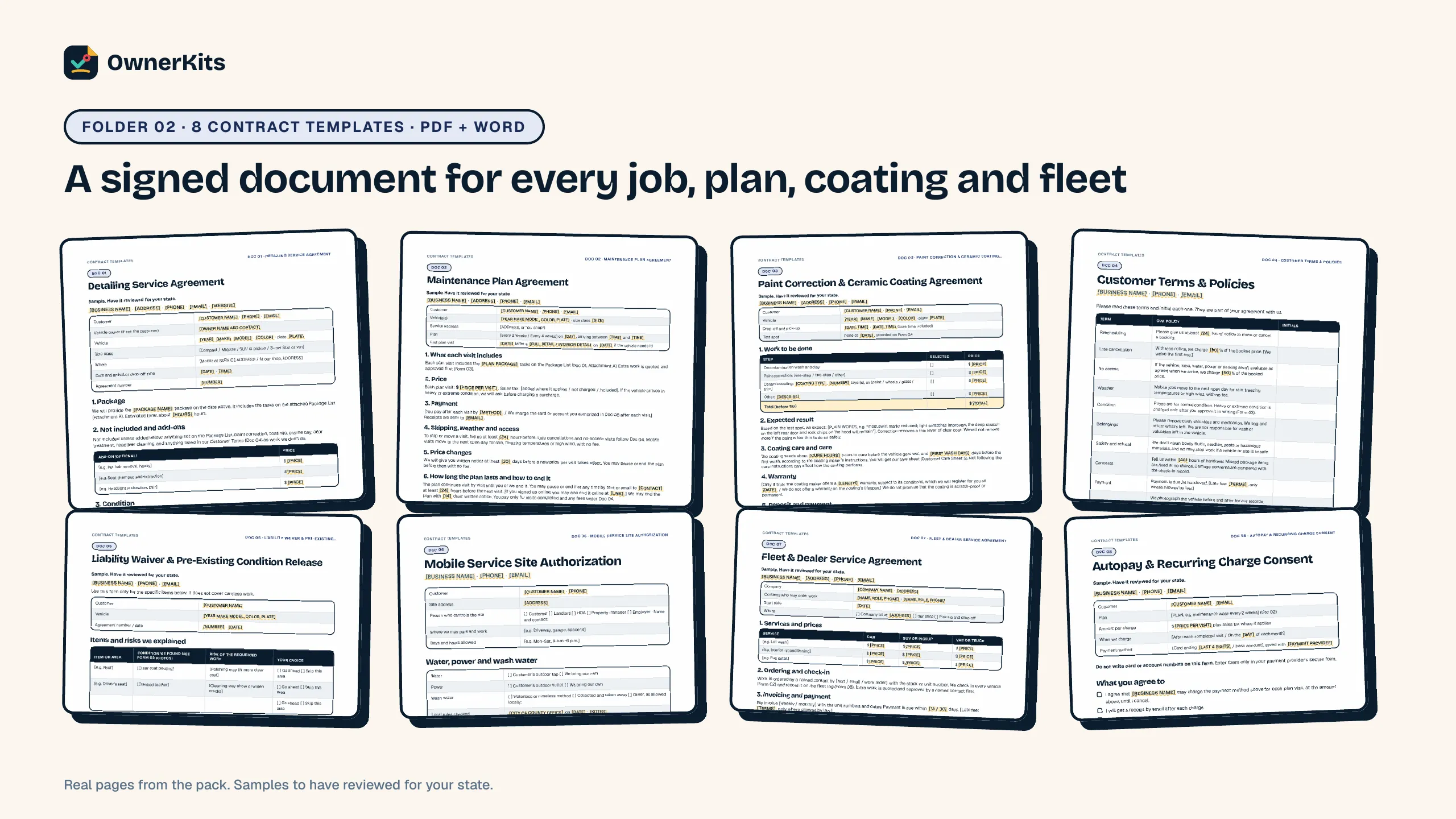 The 8 car detailing contract templates: service, plan, correction and coating, customer terms, waiver, mobile site, fleet and autopay
