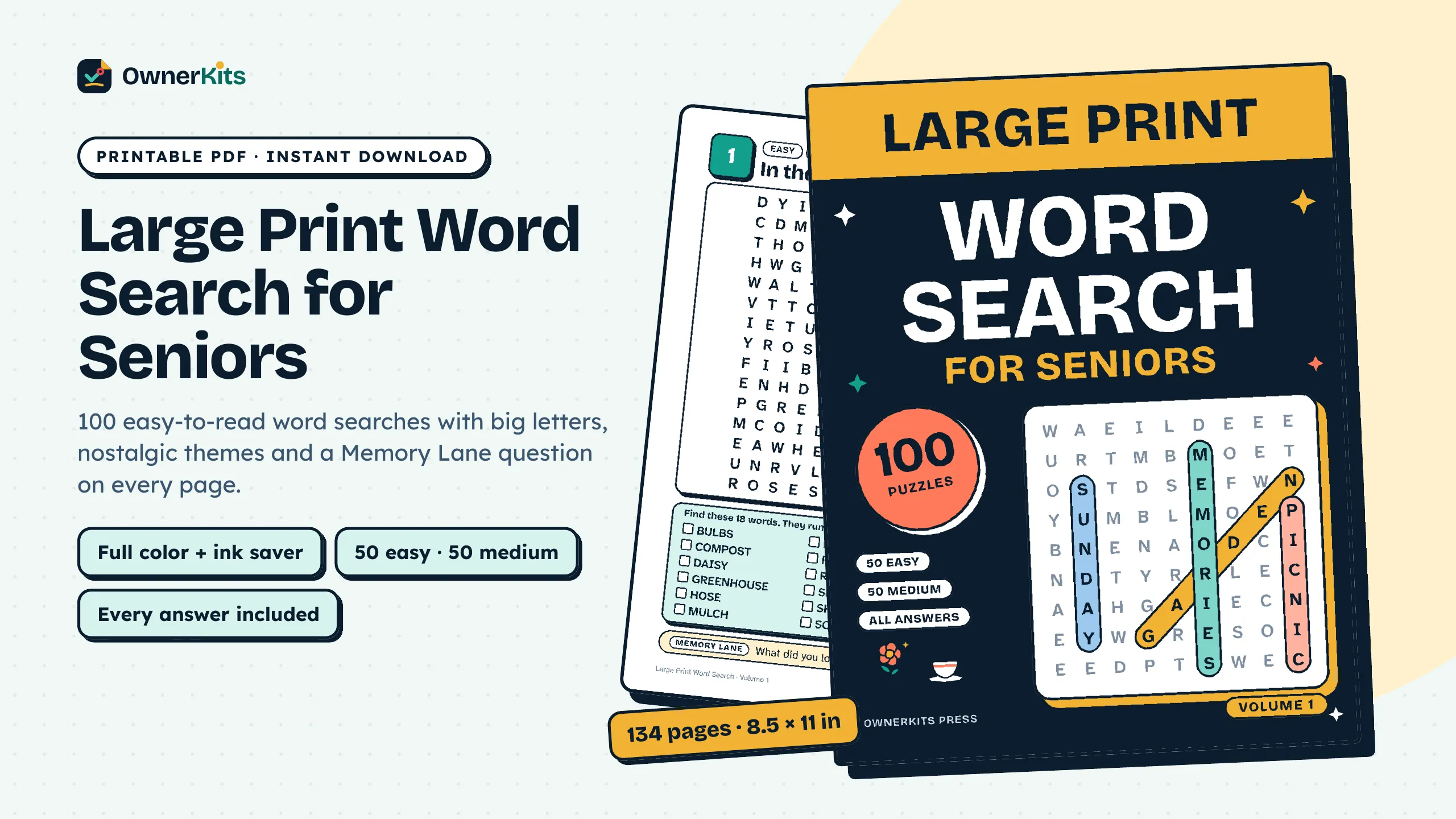 Large Print Word Search for Seniors printable PDF: the book cover and a puzzle page