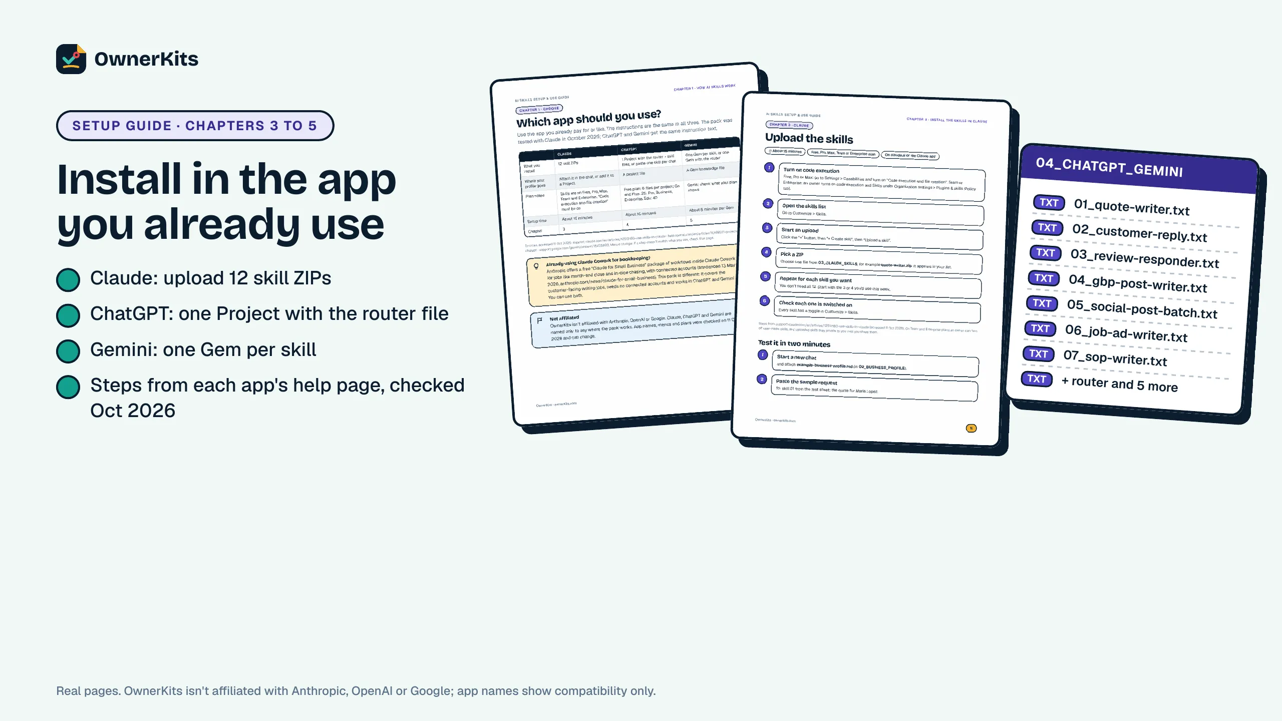 Setup guide pages for choosing an app and uploading skills, and the ChatGPT and Gemini text files