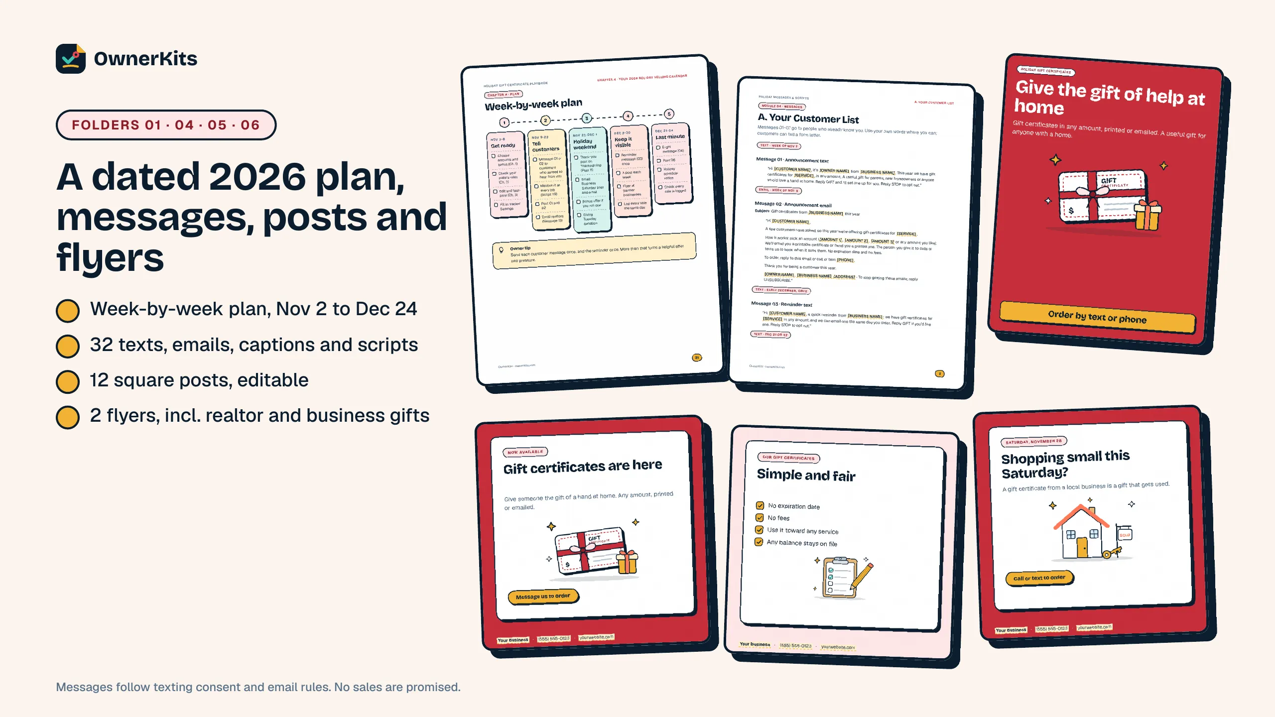 Week-by-week 2026 holiday plan, customer messages, a holiday flyer and three social posts