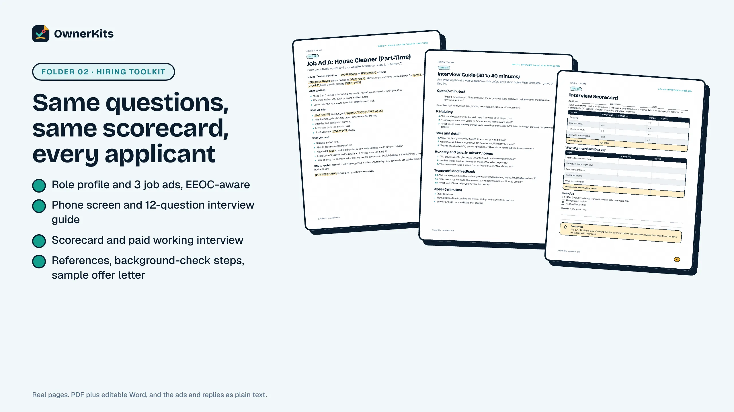 Hiring Toolkit pages: house cleaner job ad, interview guide and interview scorecard