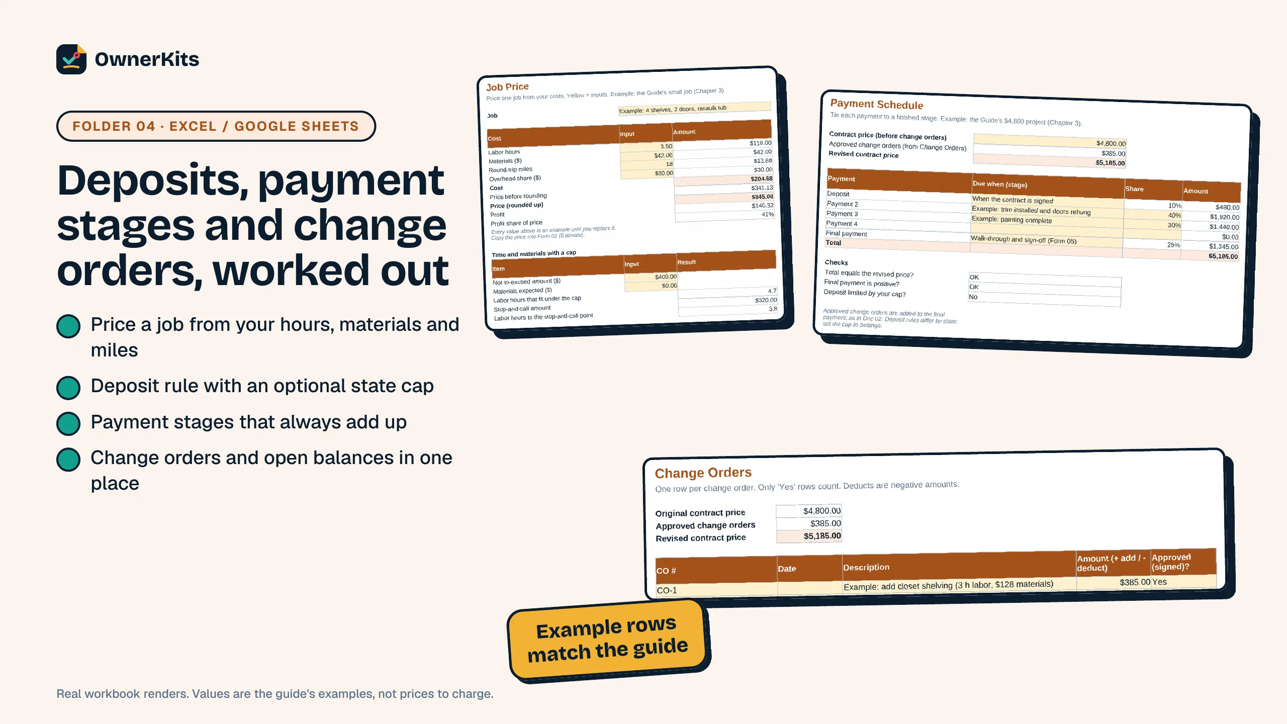 Payment Planner spreadsheet: job price, payment schedule and change orders with example values