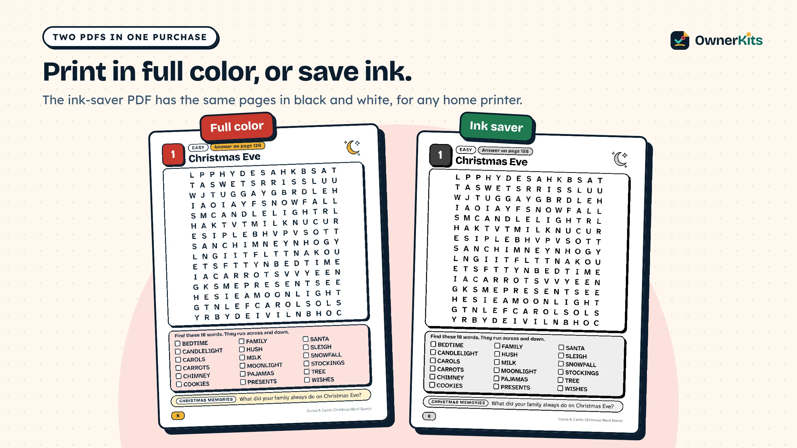 The same puzzle page in full color and in the black-and-white ink saver