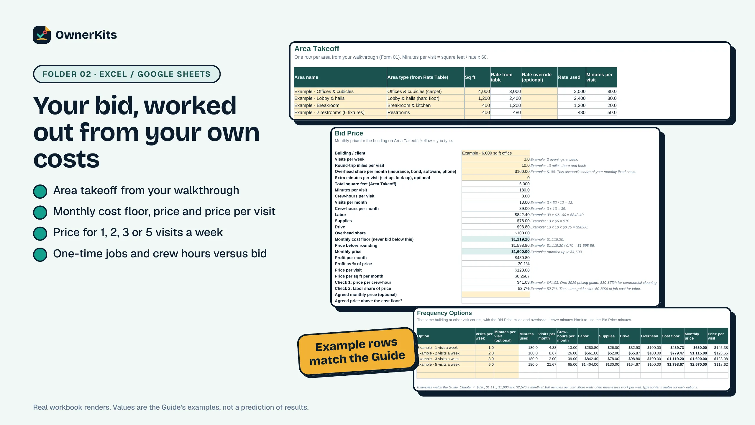 Bid Calculator tabs: area takeoff, bid price and frequency options with example rows