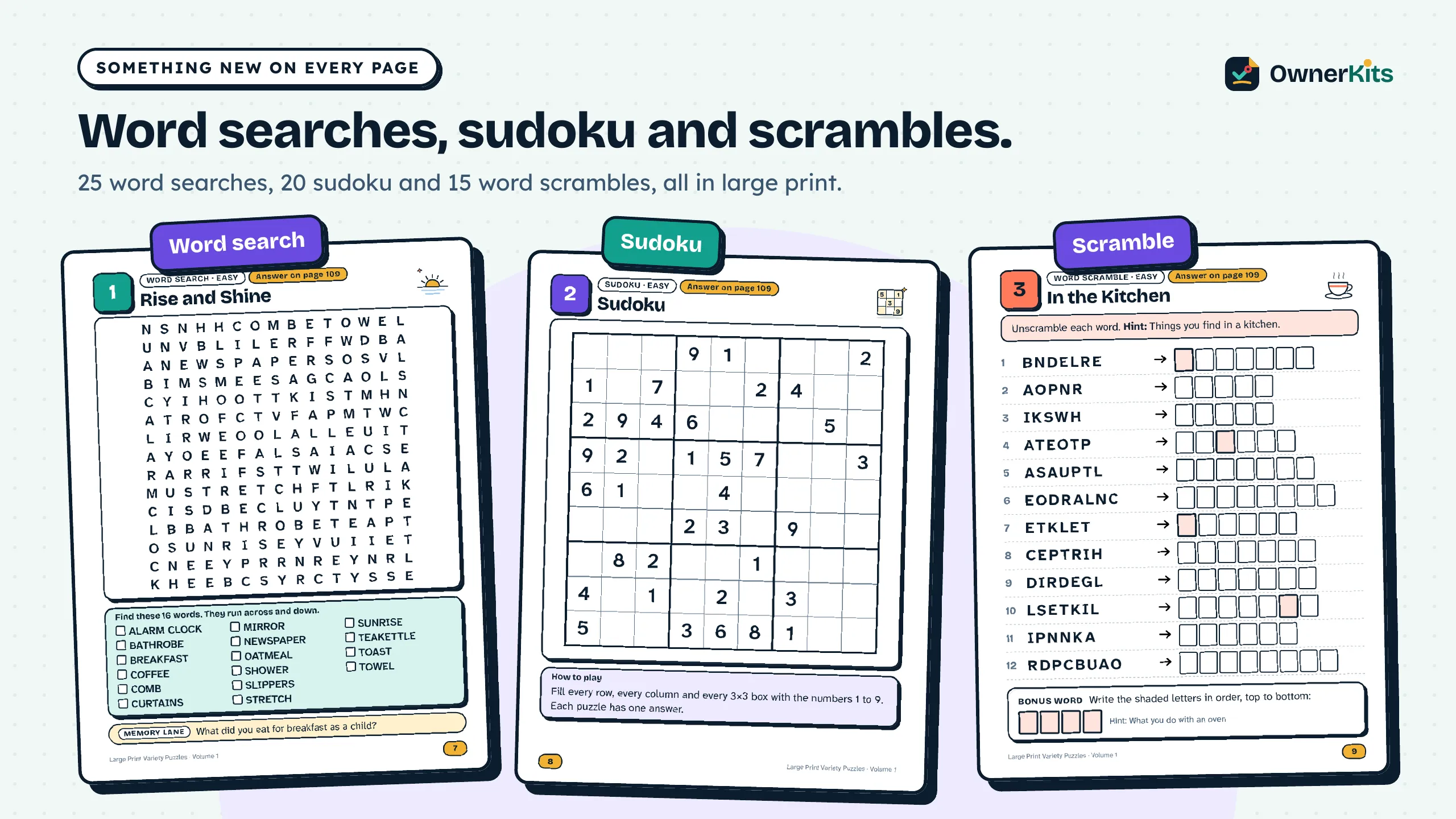 A word search, a sudoku and a word scramble page