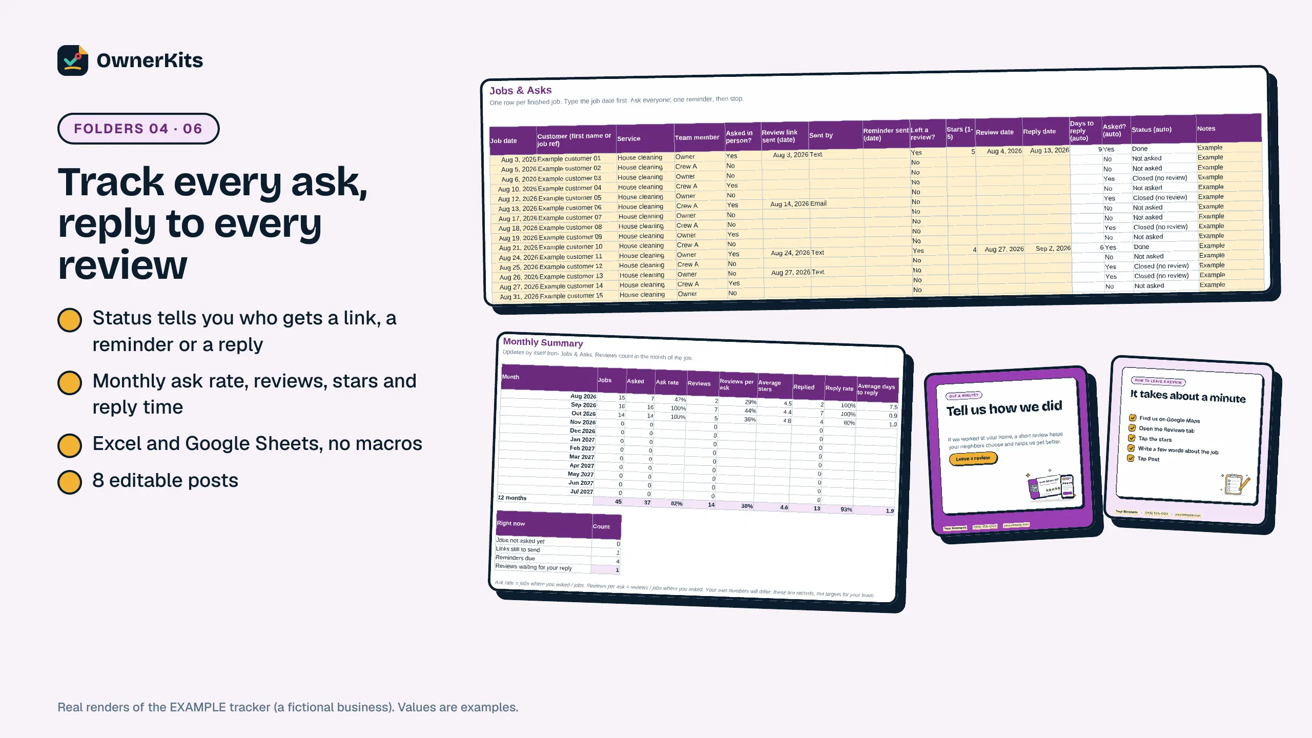 Review tracker in Excel showing jobs, asks and statuses, the monthly summary and two social posts