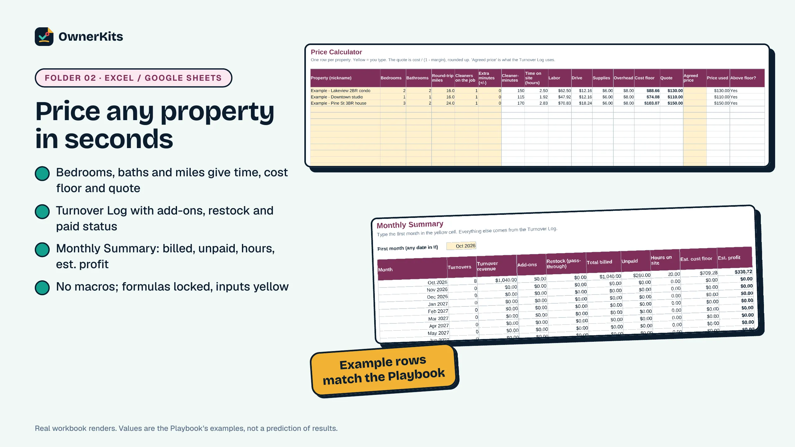 Pricing and Job Tracker: Price Calculator and Monthly Summary with example rows