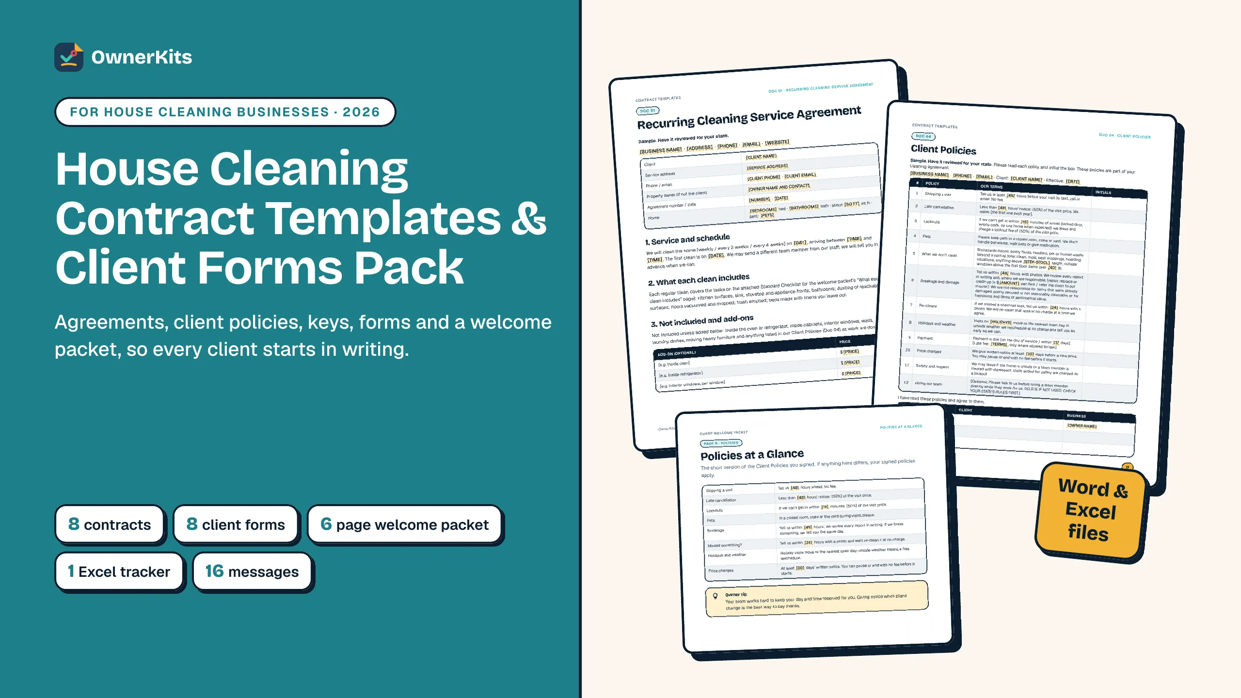 House Cleaning Contract Templates & Client Forms Pack cover showing the agreement, forms and welcome packet pages